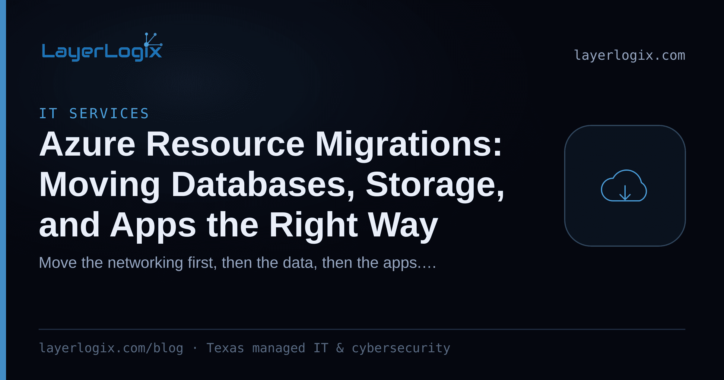 Azure Resource Migrations: Moving Databases, Storage, and Apps the Right Way — IT Services article cover card from LayerLogix, with a cloud icon