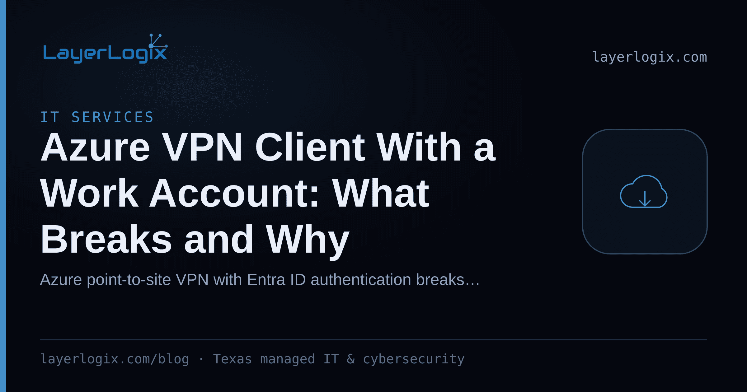 Azure VPN Client With a Work Account: What Breaks and Why — IT Services article cover card from LayerLogix, with a cloud icon