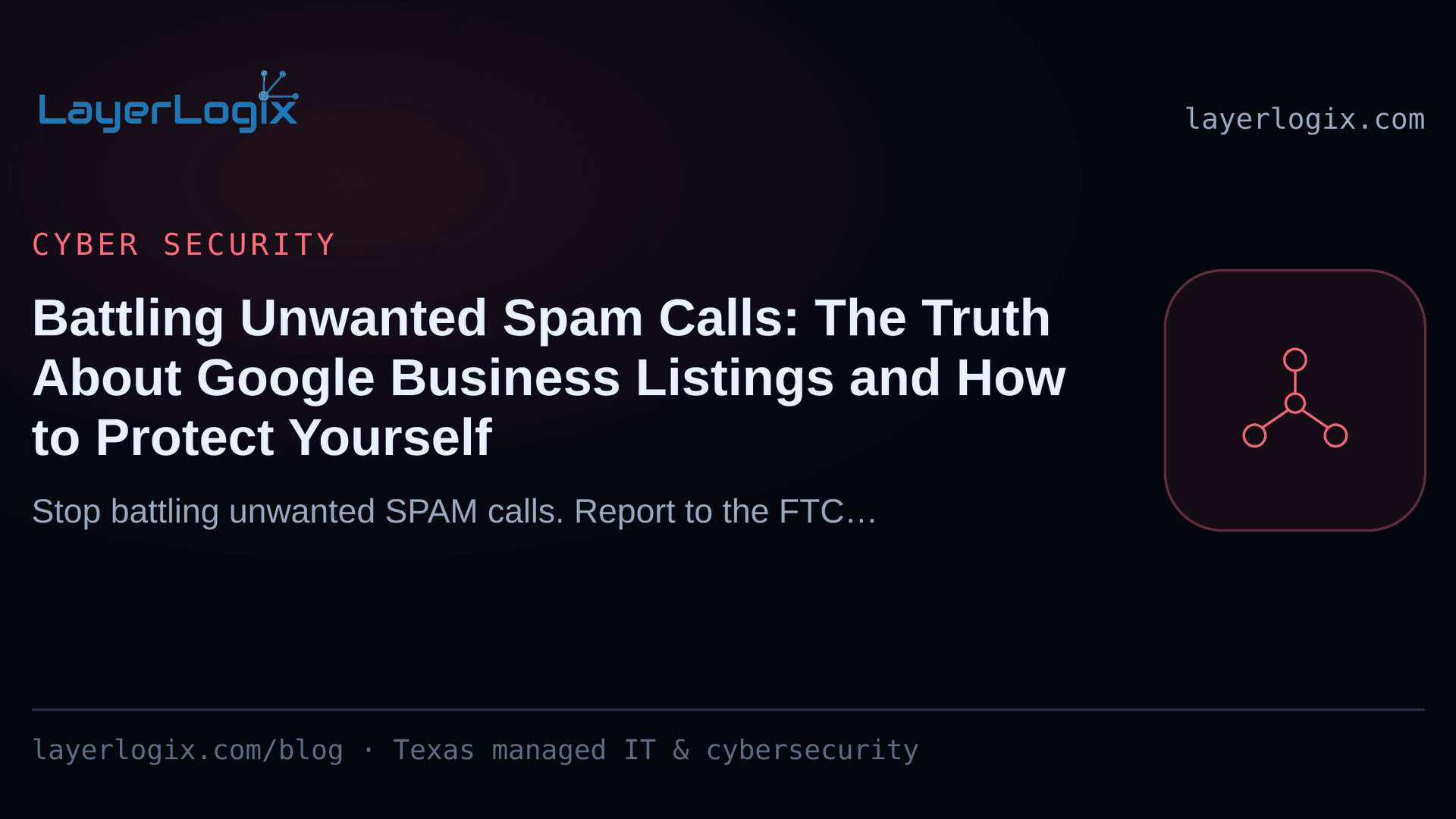 Battling Unwanted Spam Calls: The Truth About Google Business Listings and How to Protect Yourself — Cyber Security article cover card from LayerLogix, with a network topology icon