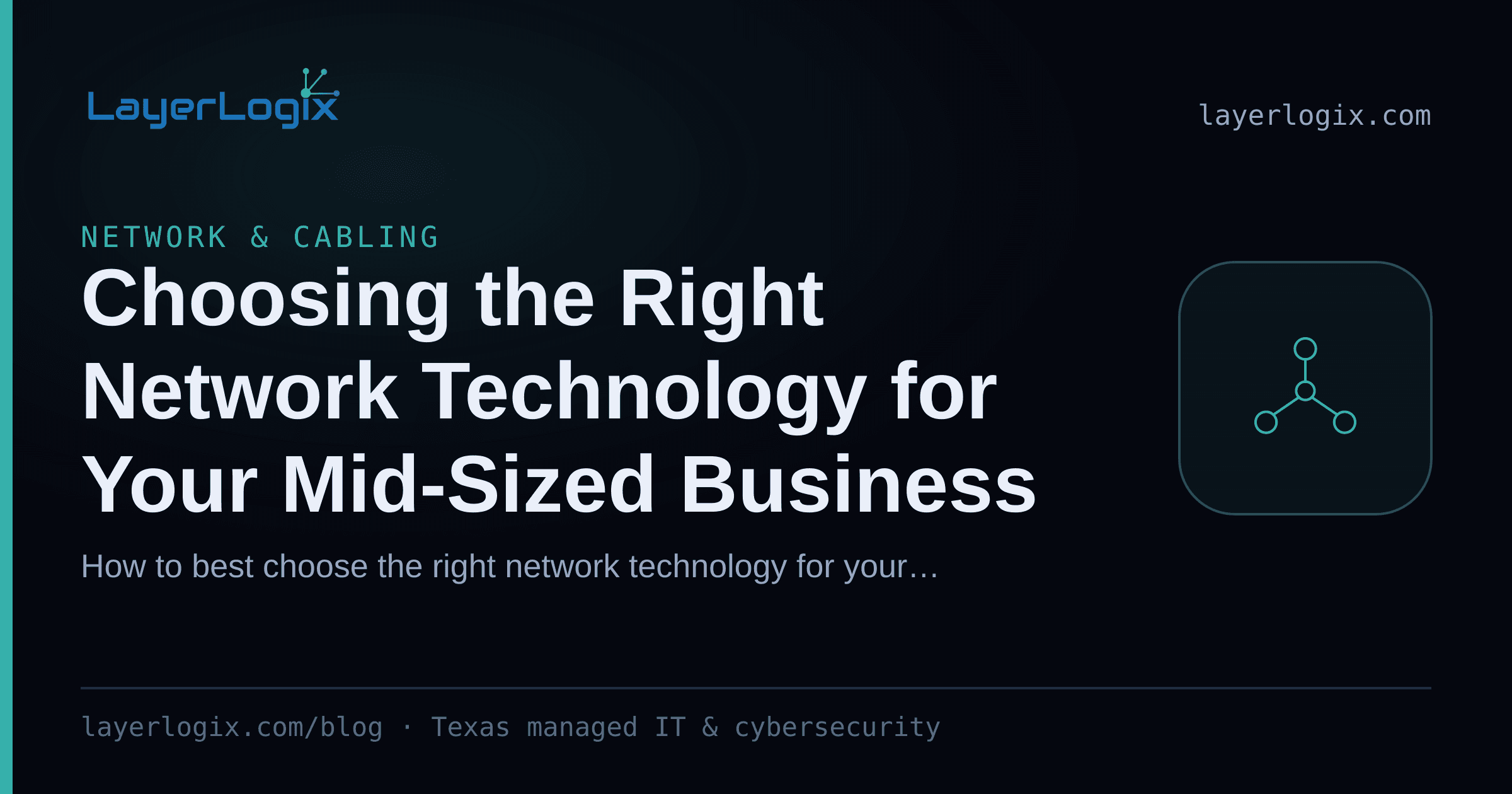 Choosing the Right Network Technology for Your Mid-Sized Business — Network & Cabling article cover card from LayerLogix, with a network topology icon
