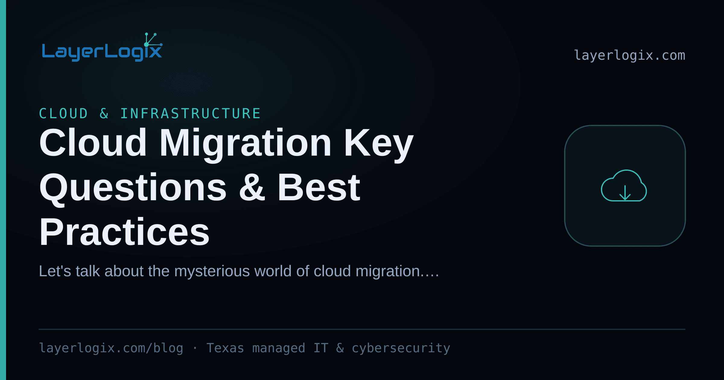 Cloud Migration Key Questions & Best Practices — Cloud & Infrastructure article cover card from LayerLogix, with a cloud icon
