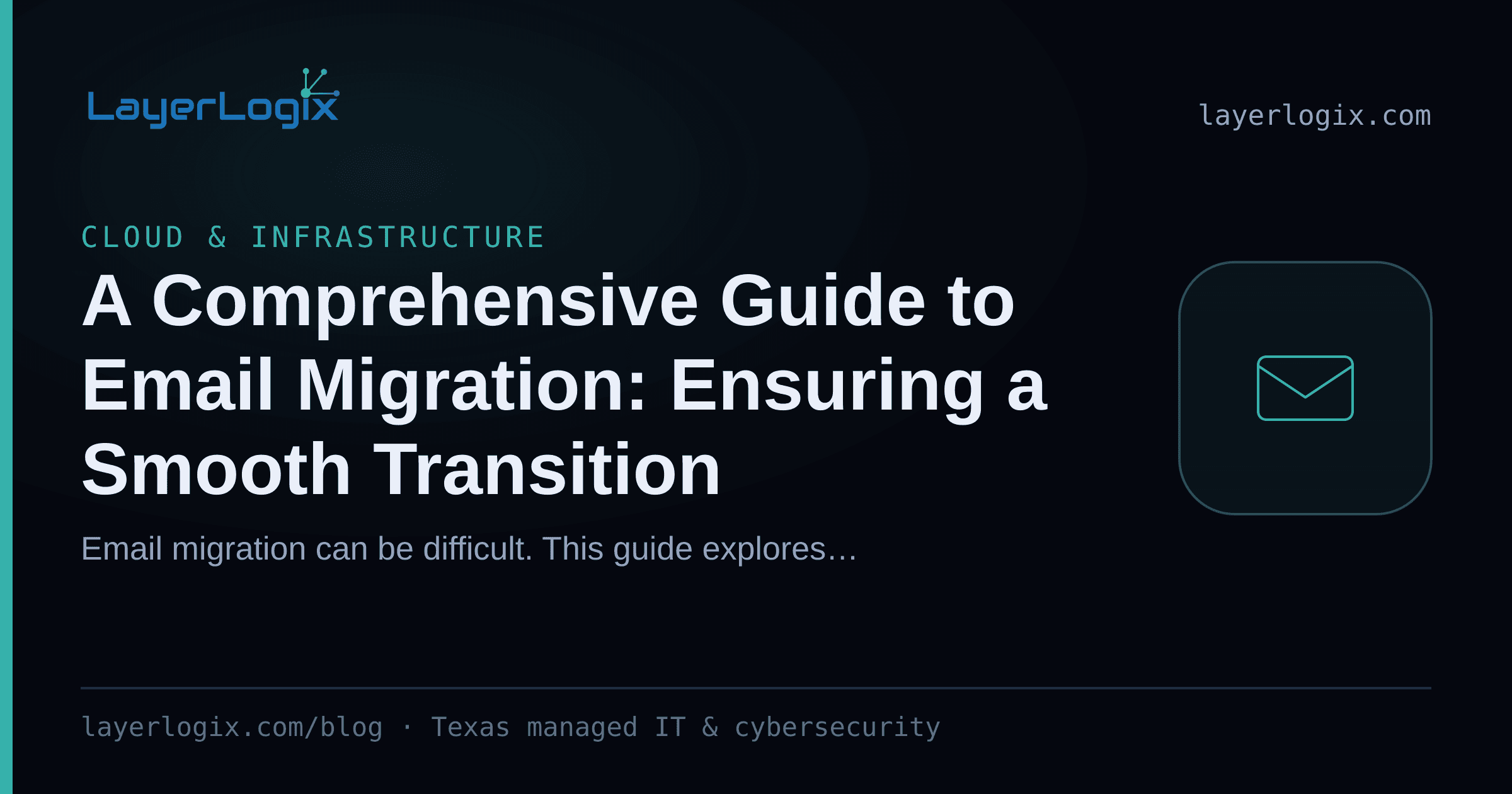 A Comprehensive Guide to Email Migration: Ensuring a Smooth Transition — Cloud & Infrastructure article cover card from LayerLogix, with a email envelope icon