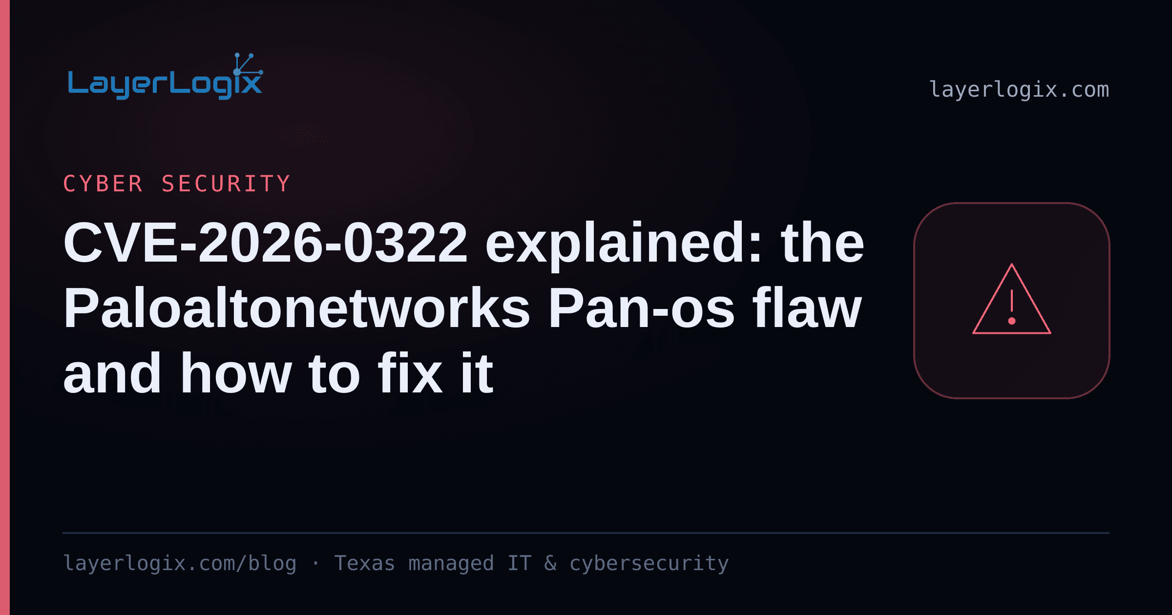 CVE-2026-0322 explained: the Paloaltonetworks Pan-os flaw and how to fix it — Cyber Security article cover card from LayerLogix, with a warning alert icon