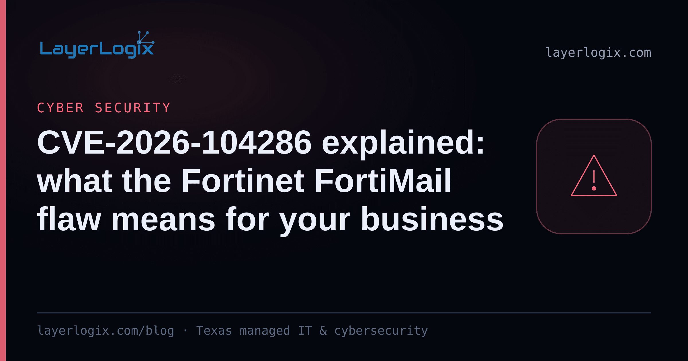 CVE-2026-104286 explained: what the Fortinet FortiMail flaw means for your business — Cyber Security article cover card from LayerLogix, with a warning alert icon