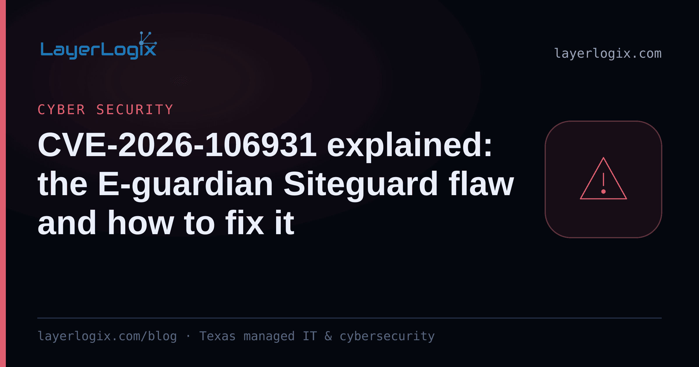 CVE-2026-106931 explained: the E-guardian Siteguard flaw and how to fix it — Cyber Security article cover card from LayerLogix, with a warning alert icon