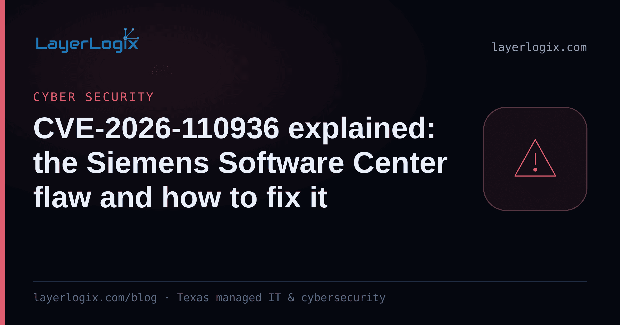 CVE-2026-110936 explained: the Siemens Software Center flaw and how to fix it — Cyber Security article cover card from LayerLogix, with a warning alert icon