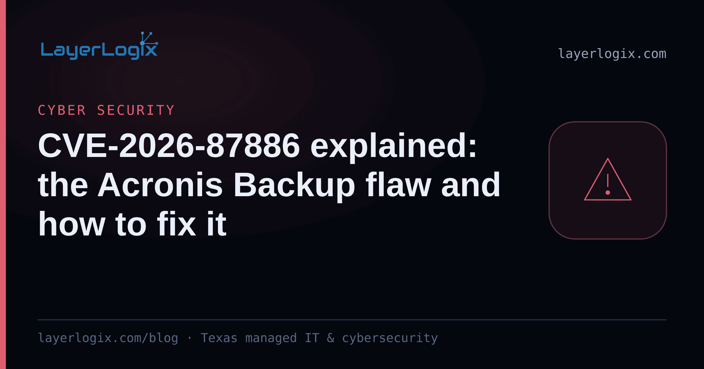 CVE-2026-87886 explained: the Acronis Backup flaw and how to fix it — Cyber Security article cover card from LayerLogix, with a warning alert icon