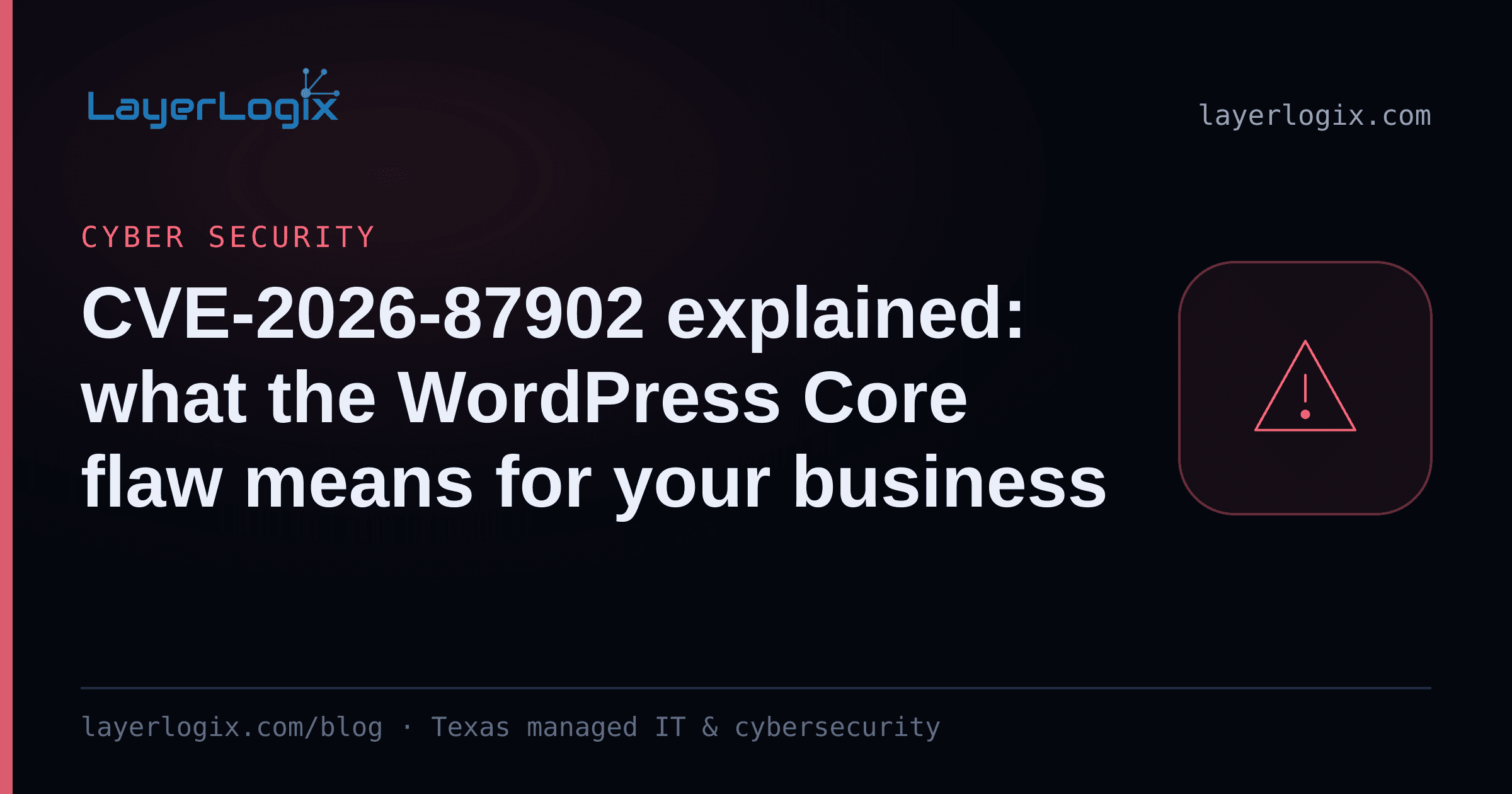CVE-2026-87902 explained: what the WordPress Core flaw means for your business — Cyber Security article cover card from LayerLogix, with a warning alert icon