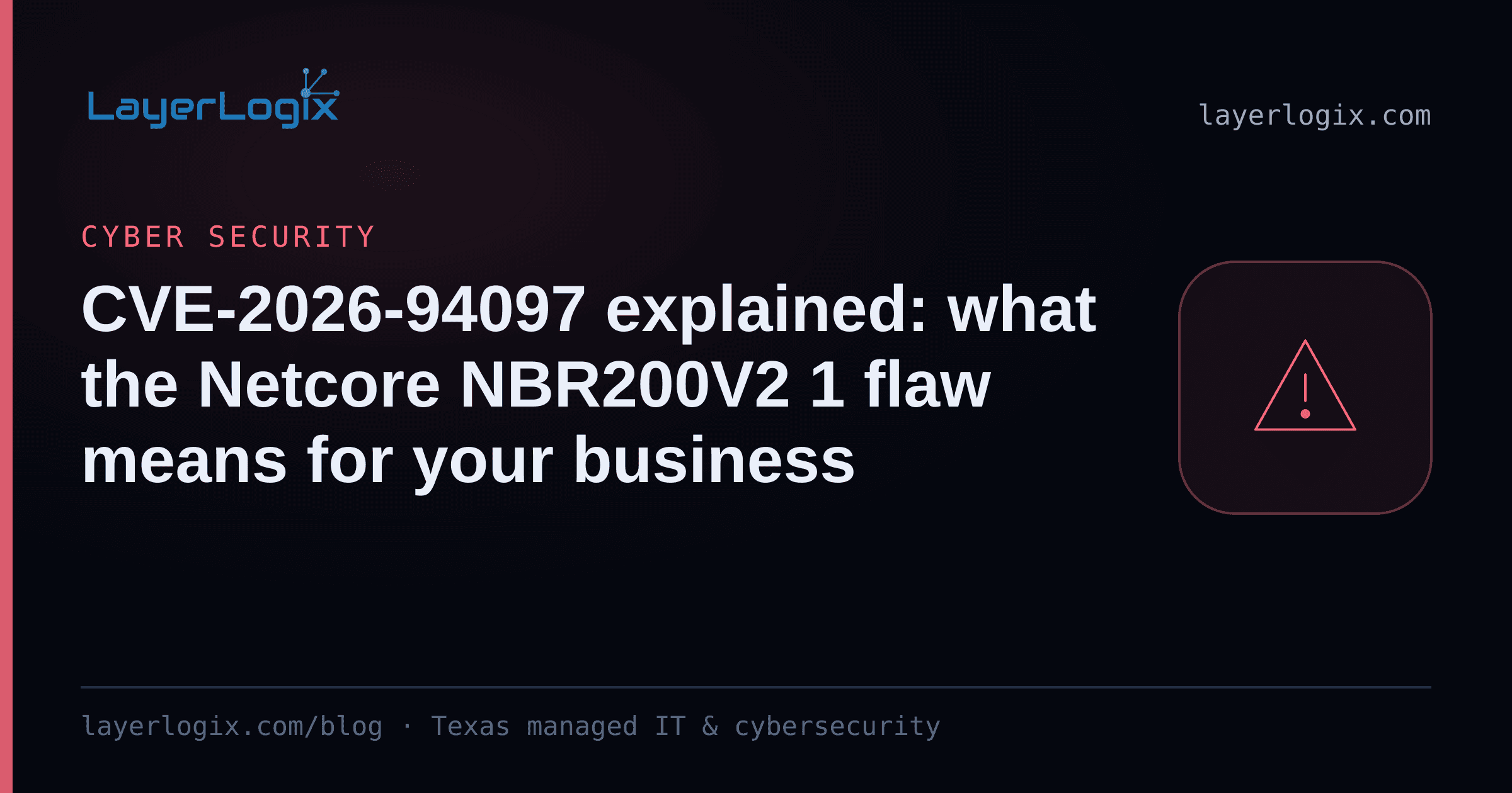 CVE-2026-94097 explained: what the Netcore NBR200V2 1 flaw means for your business — Cyber Security article cover card from LayerLogix, with a warning alert icon