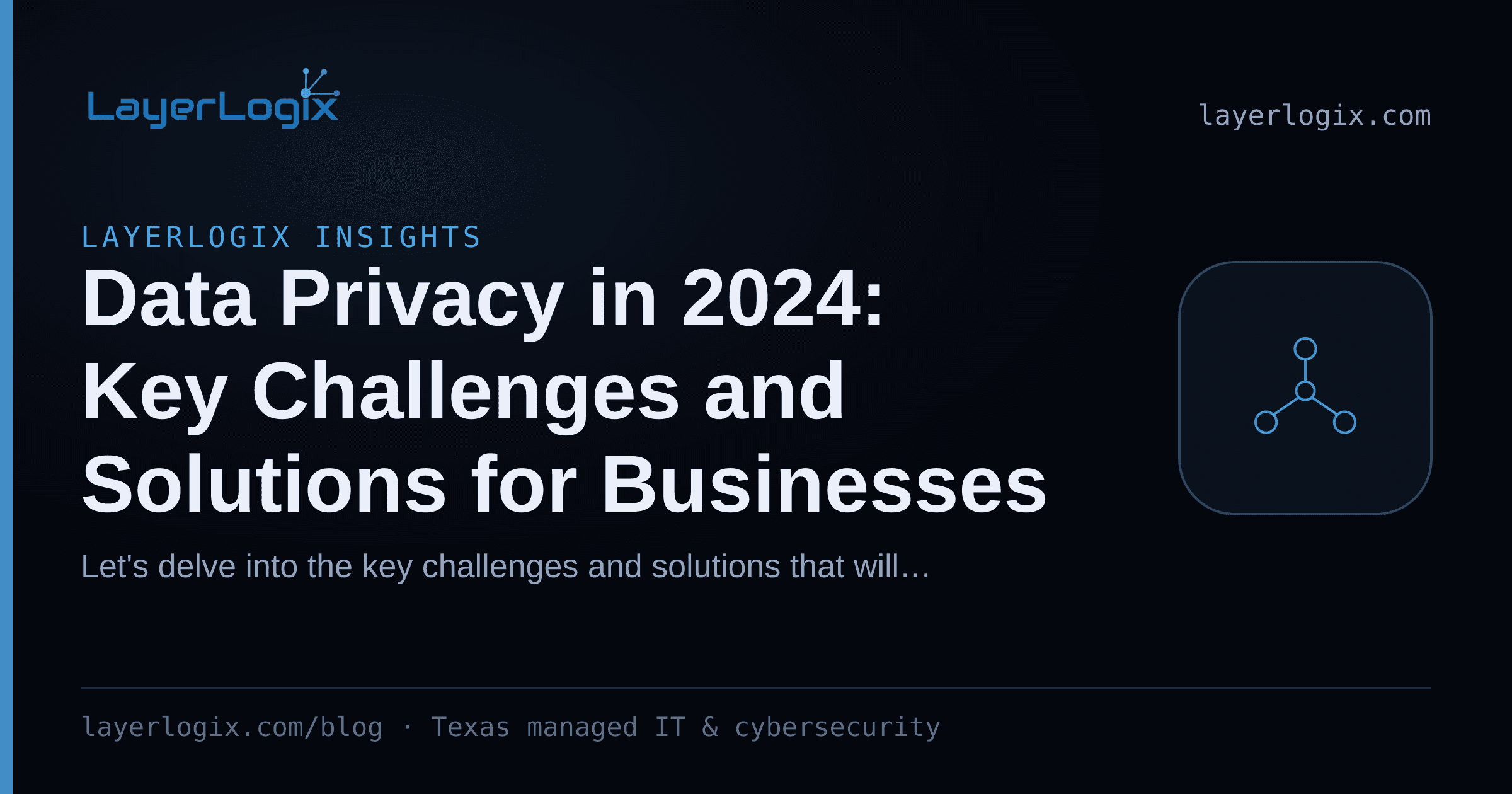 Data Privacy in 2024: Key Challenges and Solutions for Businesses — LayerLogix Insights article cover card from LayerLogix, with a network topology icon