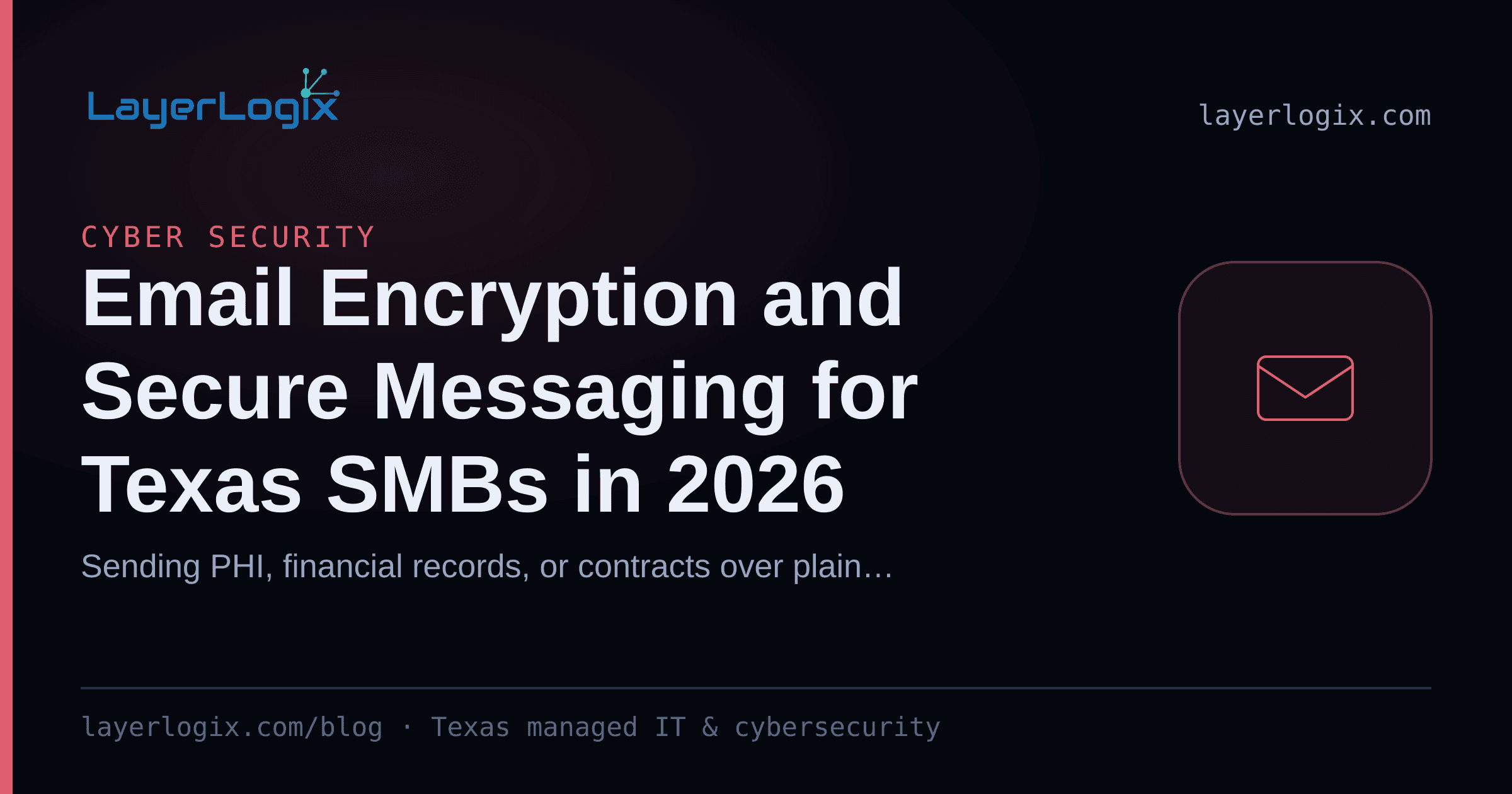 Email Encryption and Secure Messaging for Texas SMBs in 2026 — Cyber Security article cover card from LayerLogix, with a email envelope icon