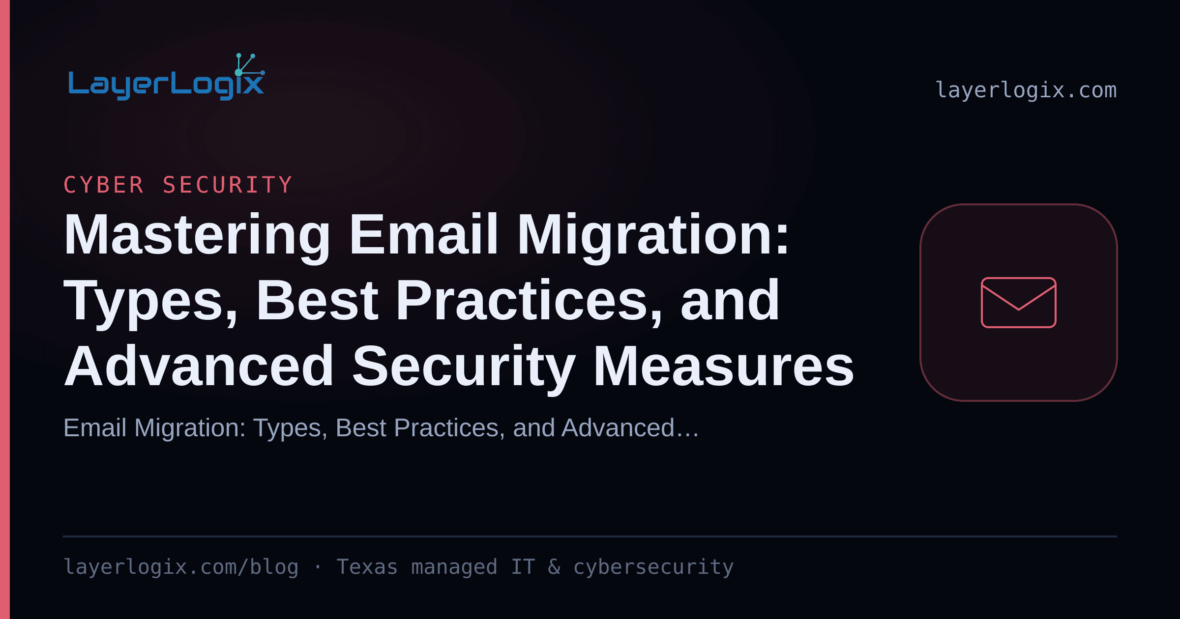 Mastering Email Migration: Types, Best Practices, and Advanced Security Measures — Cyber Security article cover card from LayerLogix, with a email envelope icon