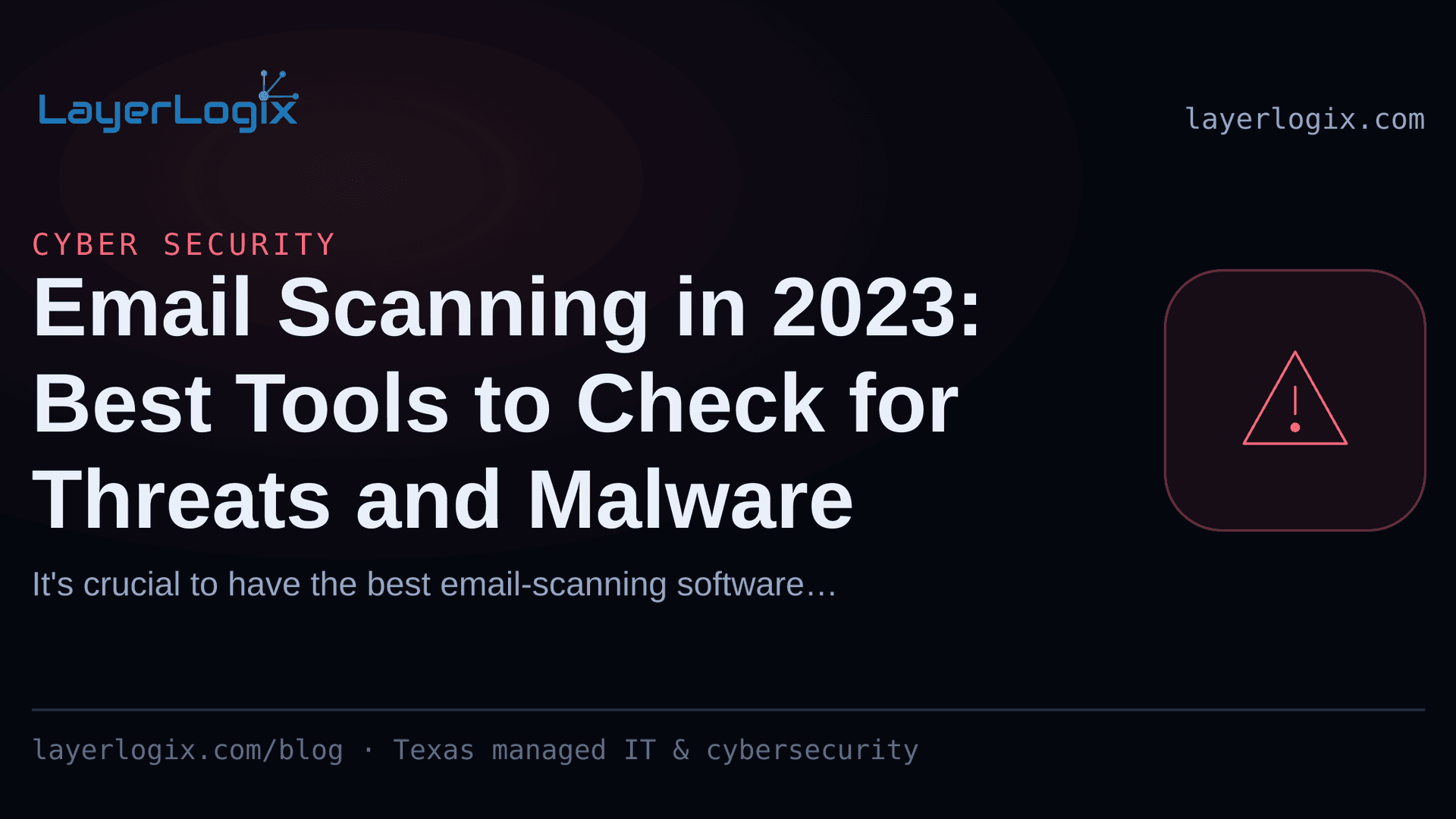 Email Scanning in 2023: Best Tools to Check for Threats and Malware — Cyber Security article cover card from LayerLogix, with a warning alert icon