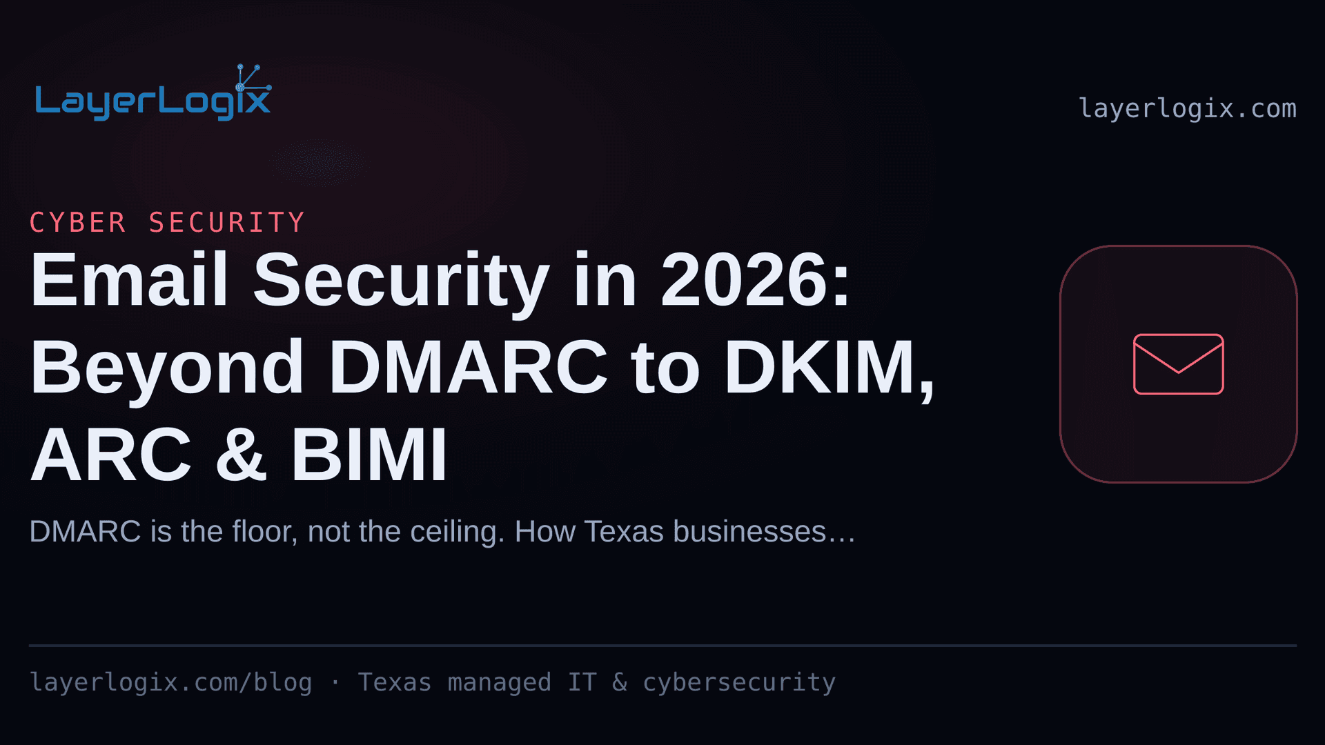 Email Security in 2026: Beyond DMARC to DKIM, ARC & BIMI — Cyber Security article cover card from LayerLogix, with a email envelope icon
