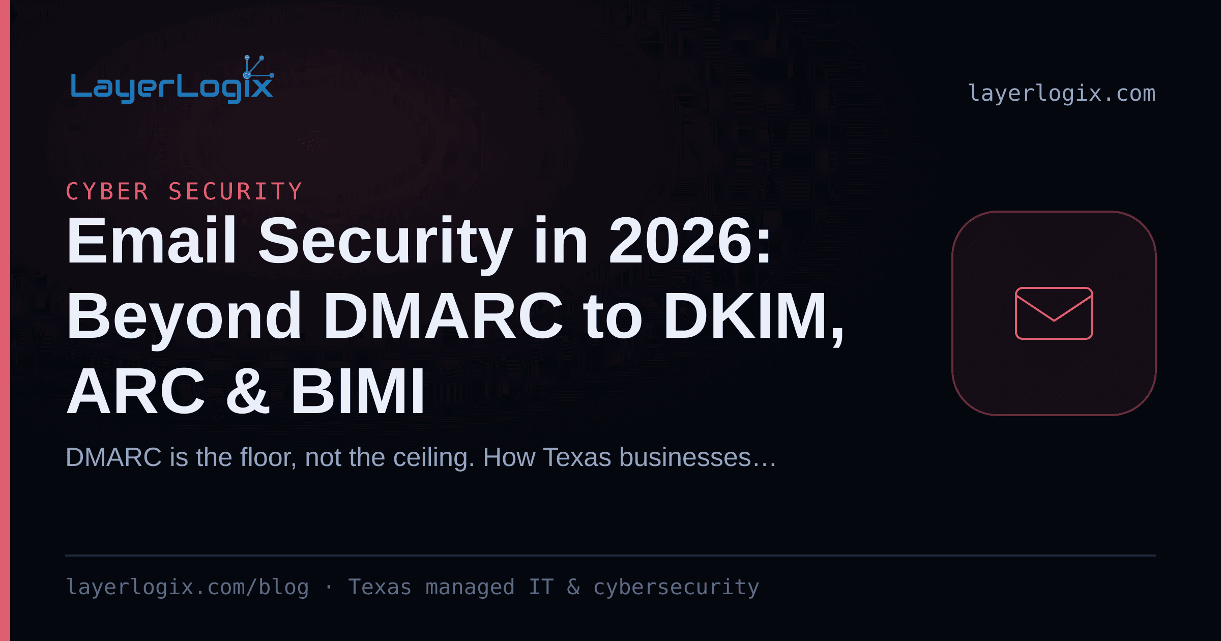 Email Security in 2026: Beyond DMARC to DKIM, ARC & BIMI — Cyber Security article cover card from LayerLogix, with a email envelope icon