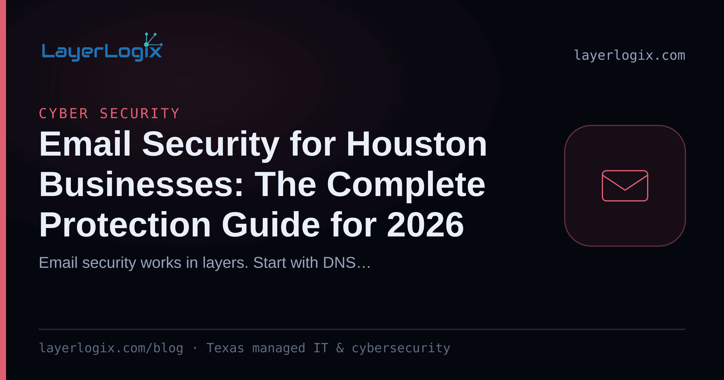 Email Security for Houston Businesses: The Complete Protection Guide for 2026 — Cyber Security article cover card from LayerLogix, with a email envelope icon