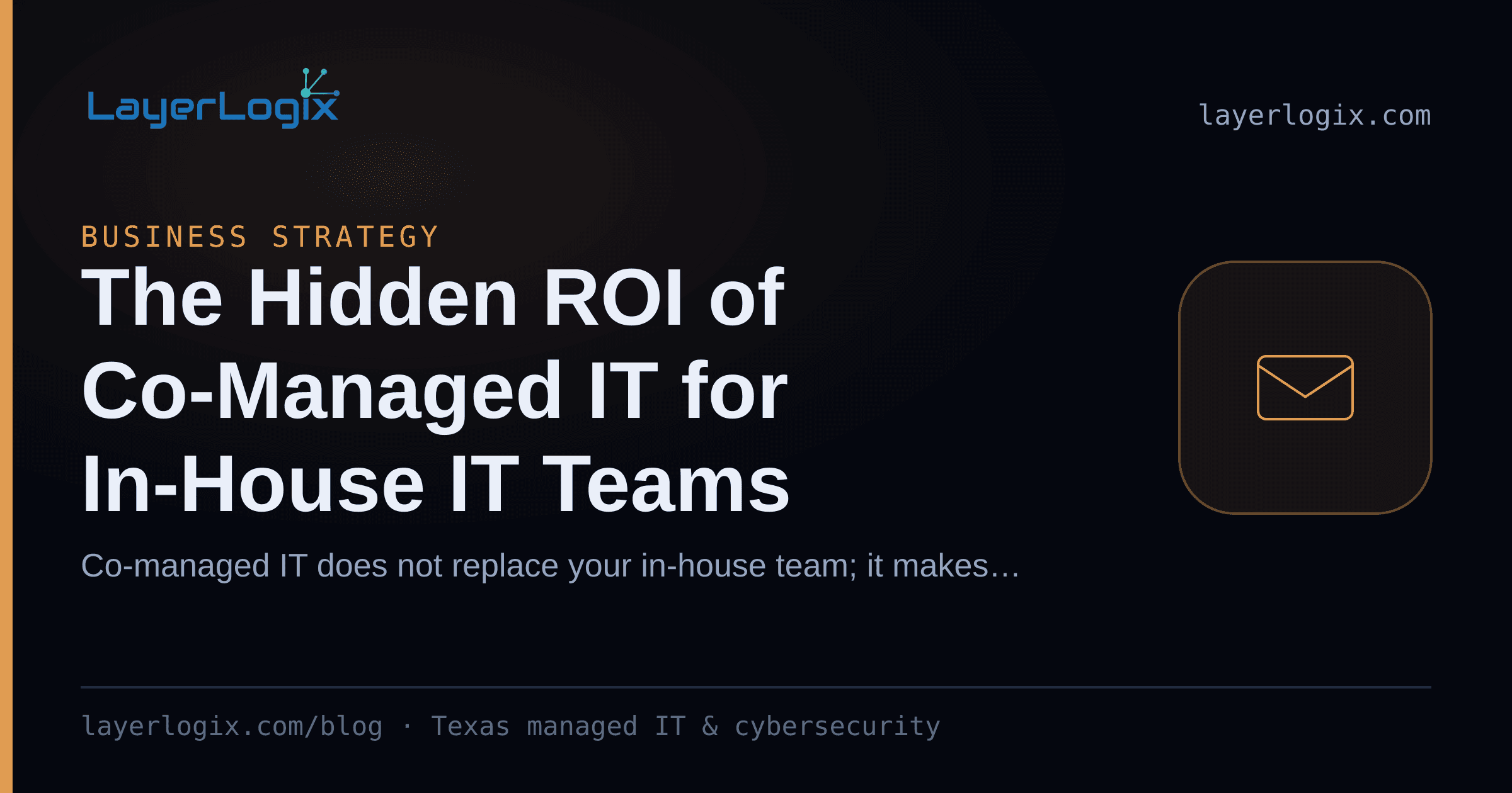 The Hidden ROI of Co-Managed IT for In-House IT Teams — Business Strategy article cover card from LayerLogix, with a email envelope icon