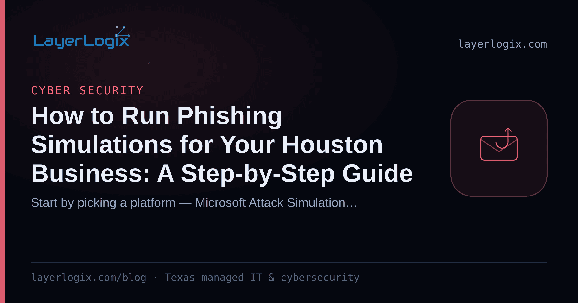 How to Run Phishing Simulations for Your Houston Business: A Step-by-Step Guide — Cyber Security article cover card from LayerLogix, with a phishing hook icon