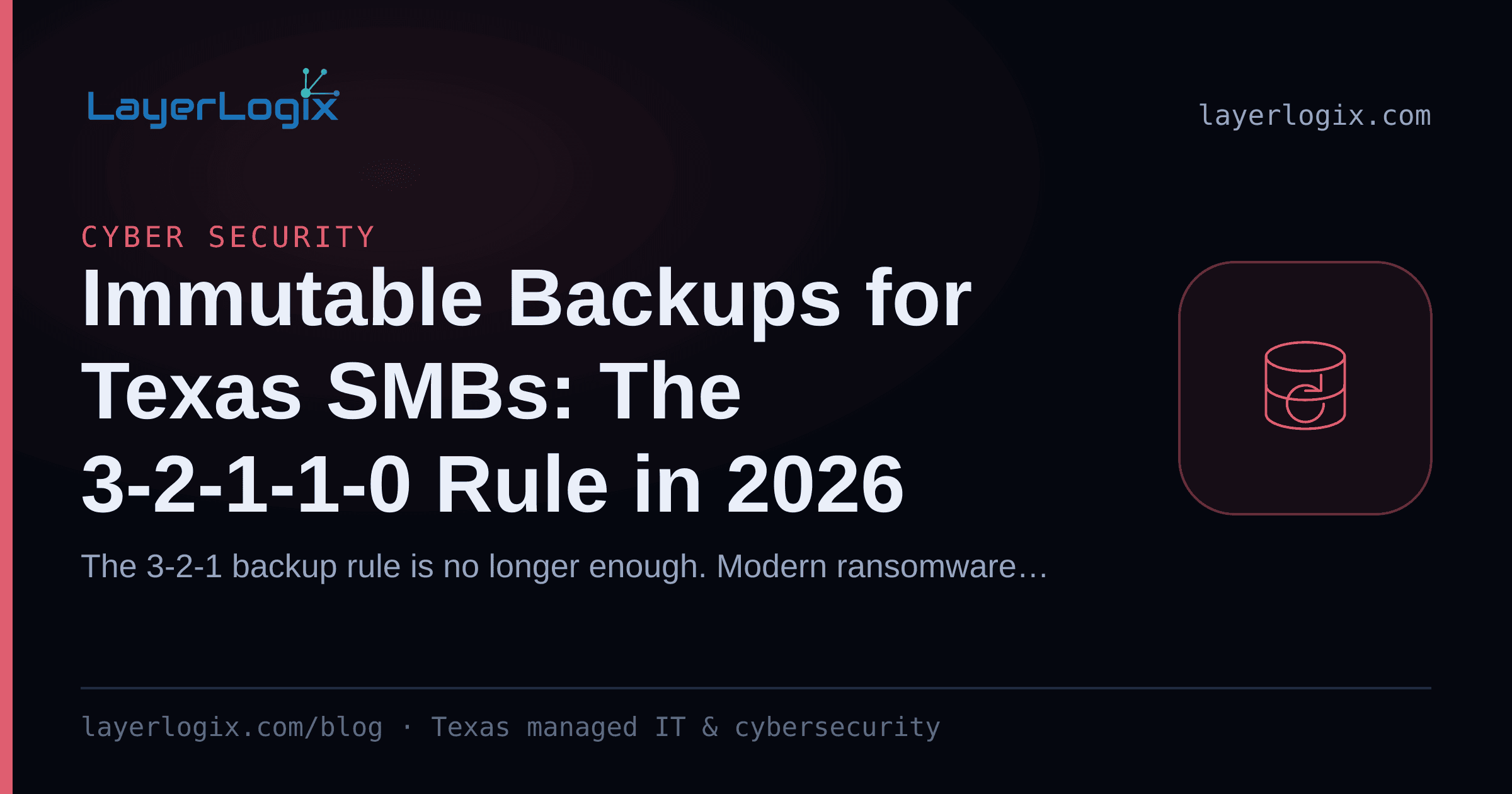Immutable Backups for Texas SMBs: The 3-2-1-1-0 Rule in 2026 — Cyber Security article cover card from LayerLogix, with a backup restore icon