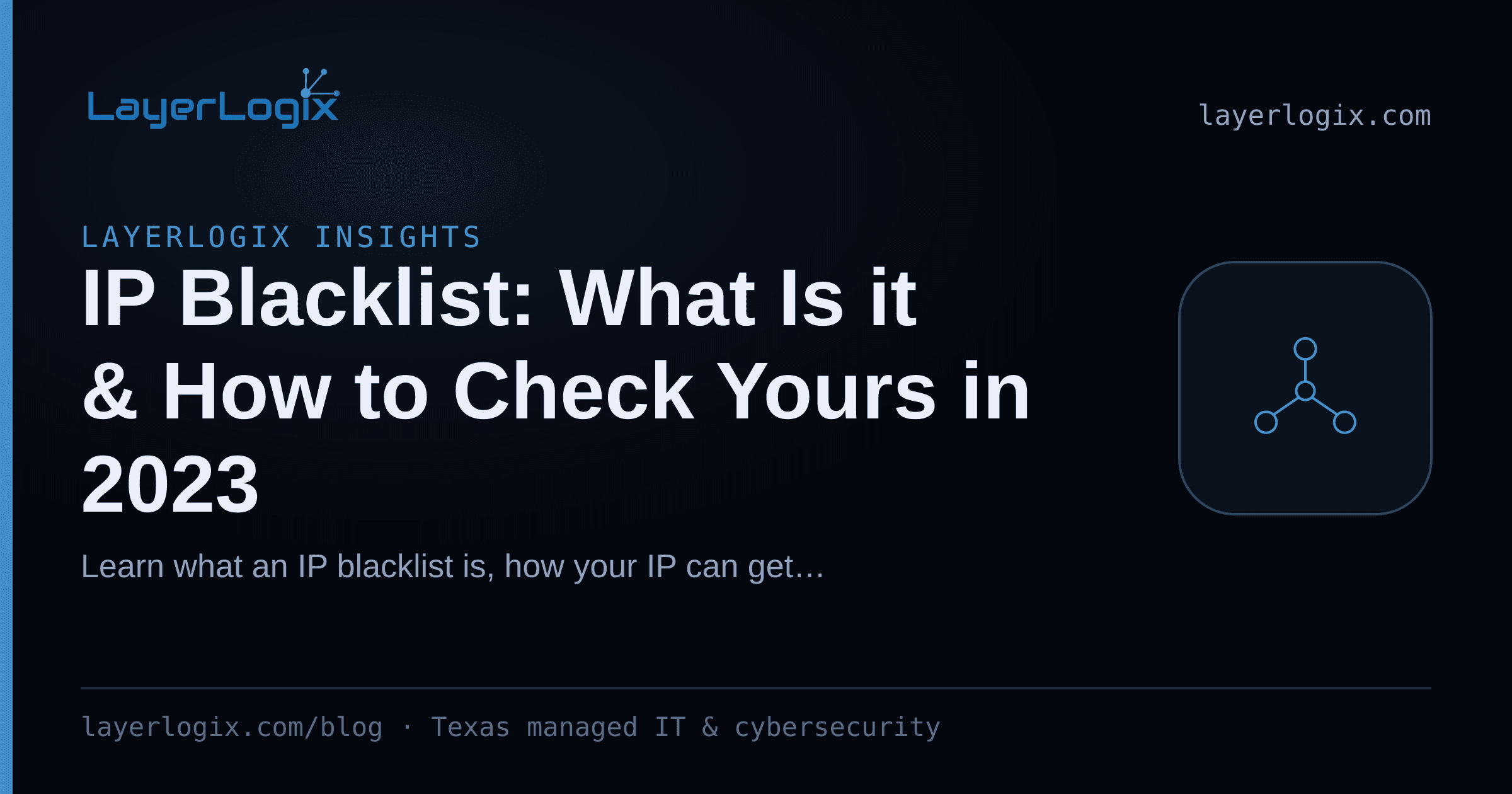 IP Blacklist: What Is it & How to Check Yours in 2023 — LayerLogix Insights article cover card from LayerLogix, with a network topology icon