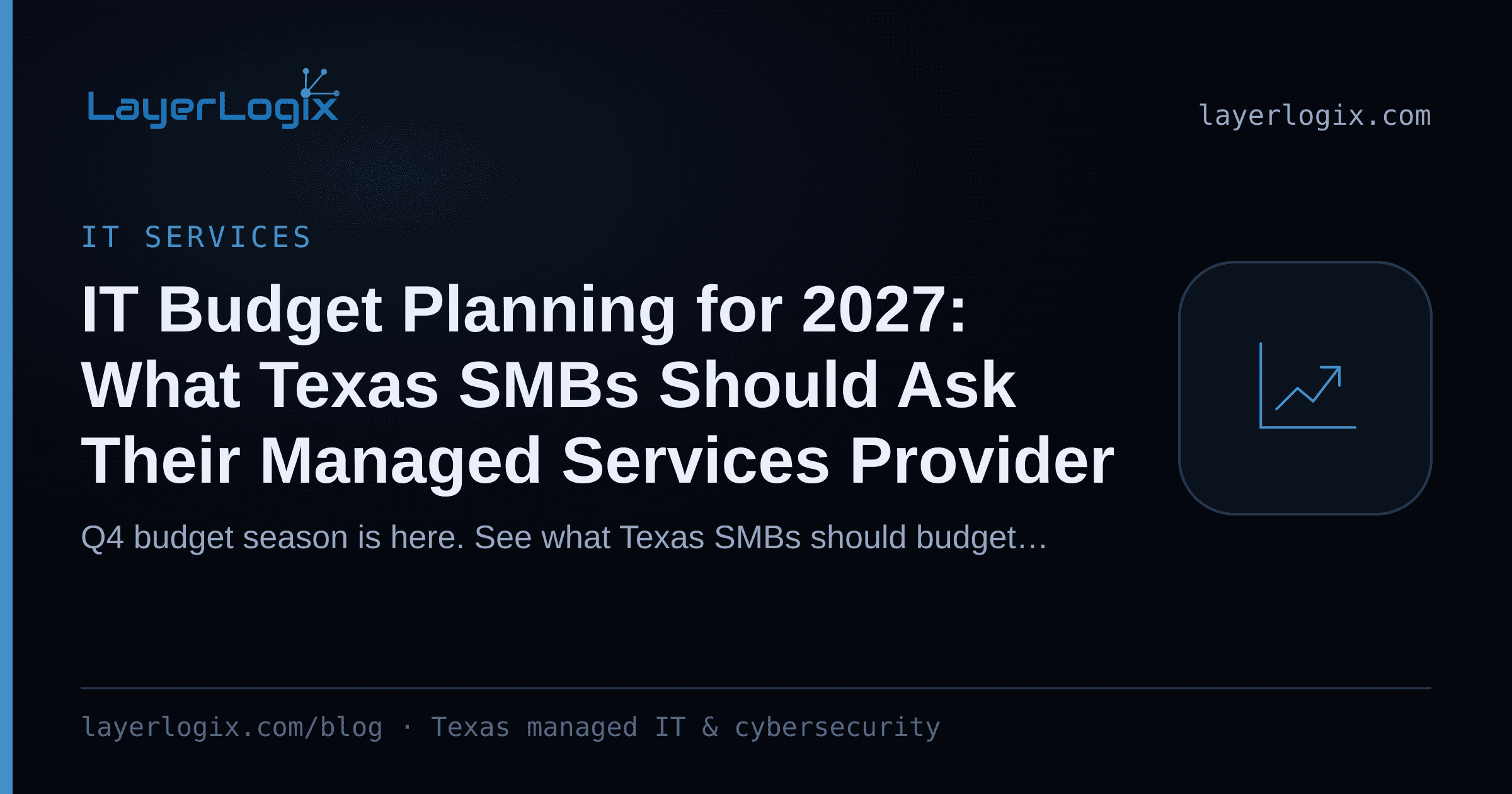 IT Budget Planning for 2027: What Texas SMBs Should Ask Their Managed Services Provider — IT Services article cover card from LayerLogix, with a cost trend icon