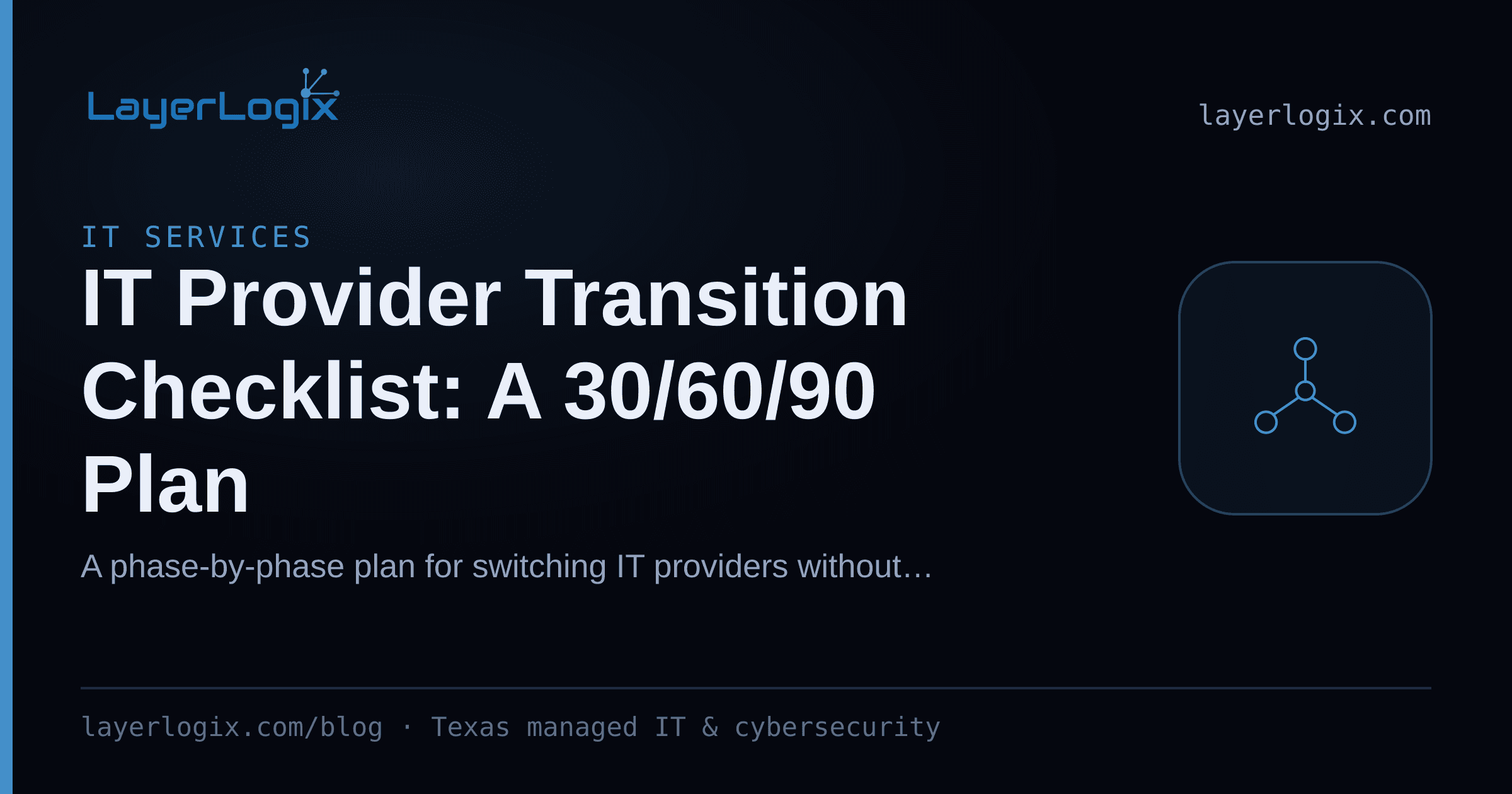 IT Provider Transition Checklist: A 30/60/90 Plan — IT Services article cover card from LayerLogix, with a network topology icon