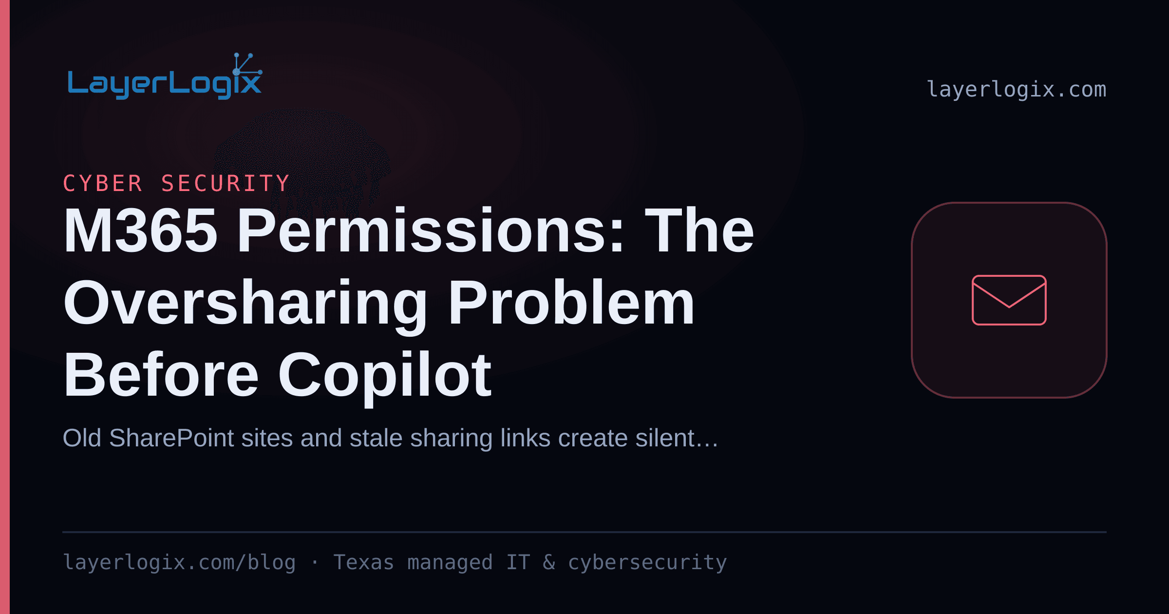 M365 Permissions: The Oversharing Problem Before Copilot — Cyber Security article cover card from LayerLogix, with a email envelope icon