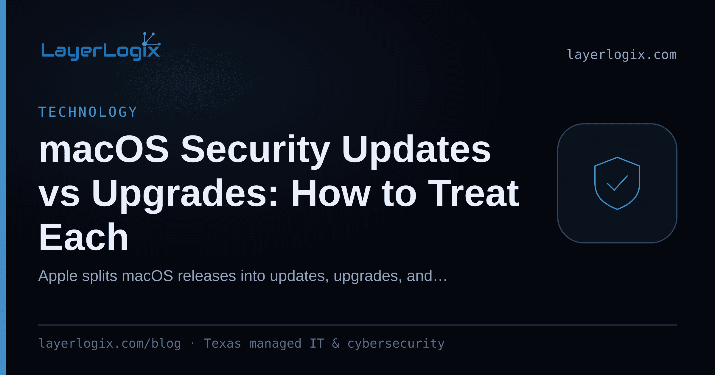 macOS Security Updates vs Upgrades: How to Treat Each — Technology article cover card from LayerLogix, with a shield icon