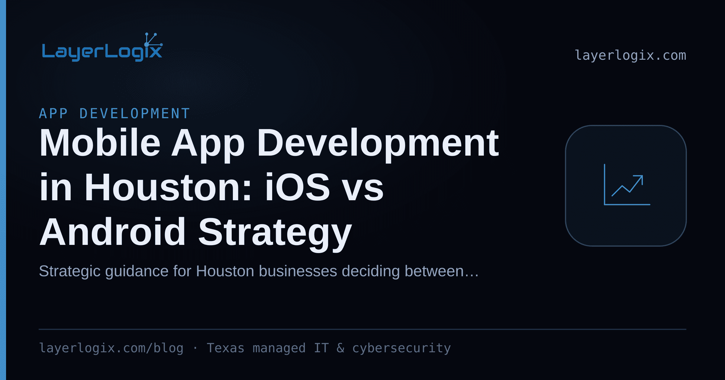 Mobile App Development in Houston: iOS vs Android Strategy — App Development article cover card from LayerLogix, with a cost trend icon