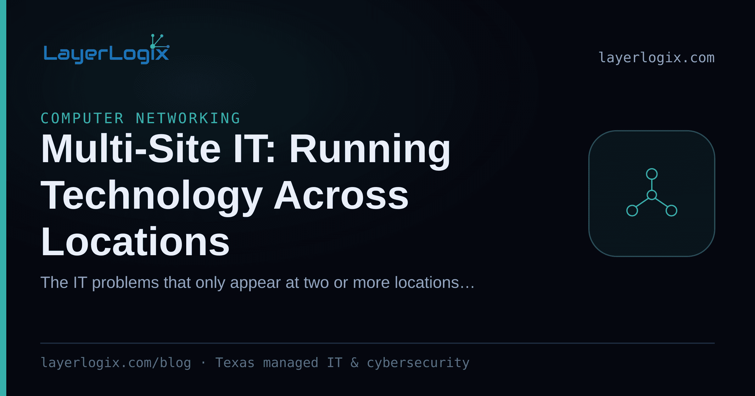 Multi-Site IT: Running Technology Across Locations — Computer Networking article cover card from LayerLogix, with a network topology icon