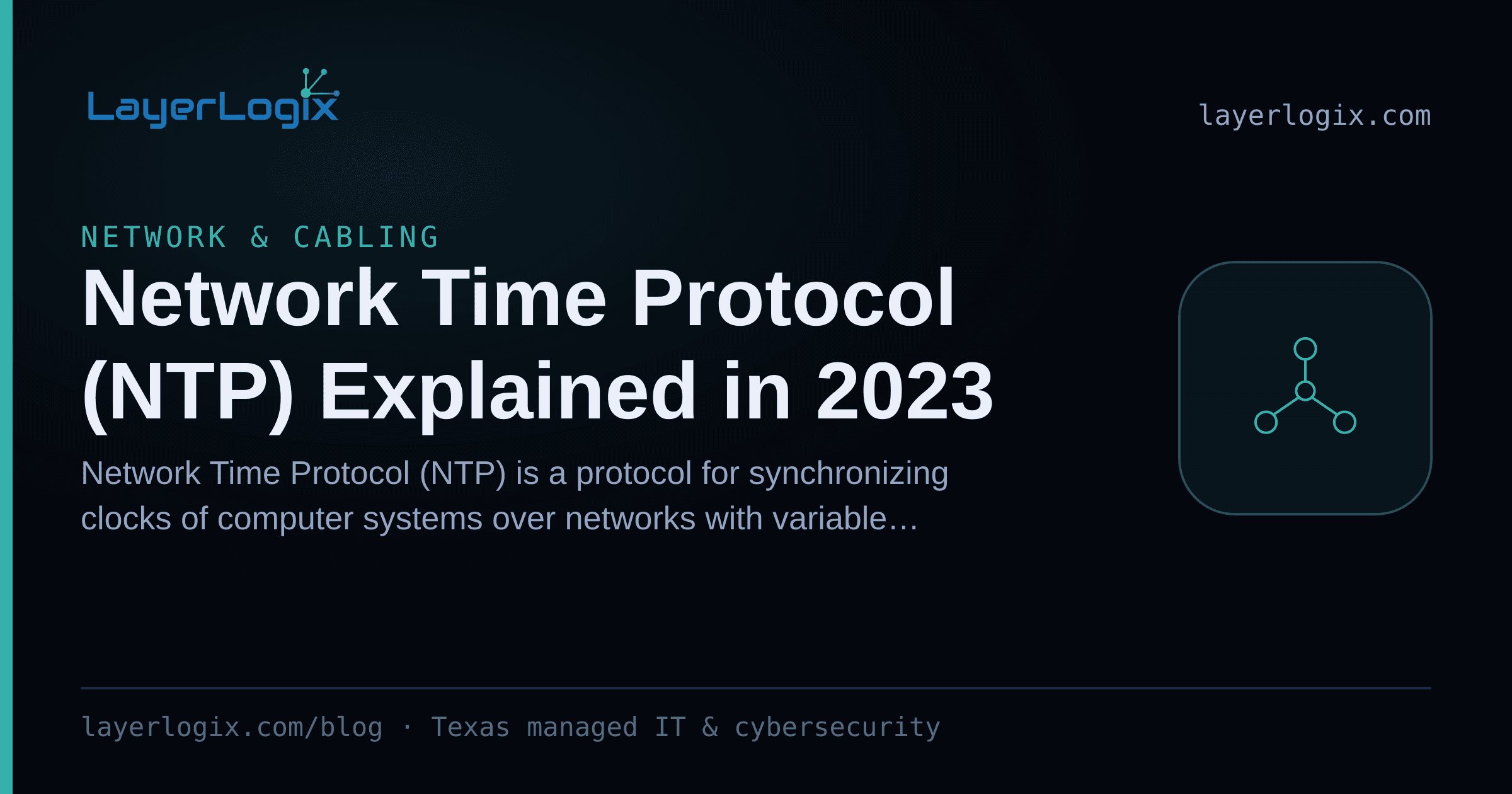 Network Time Protocol (NTP) Explained in 2023 — Network & Cabling article cover card from LayerLogix, with a network topology icon