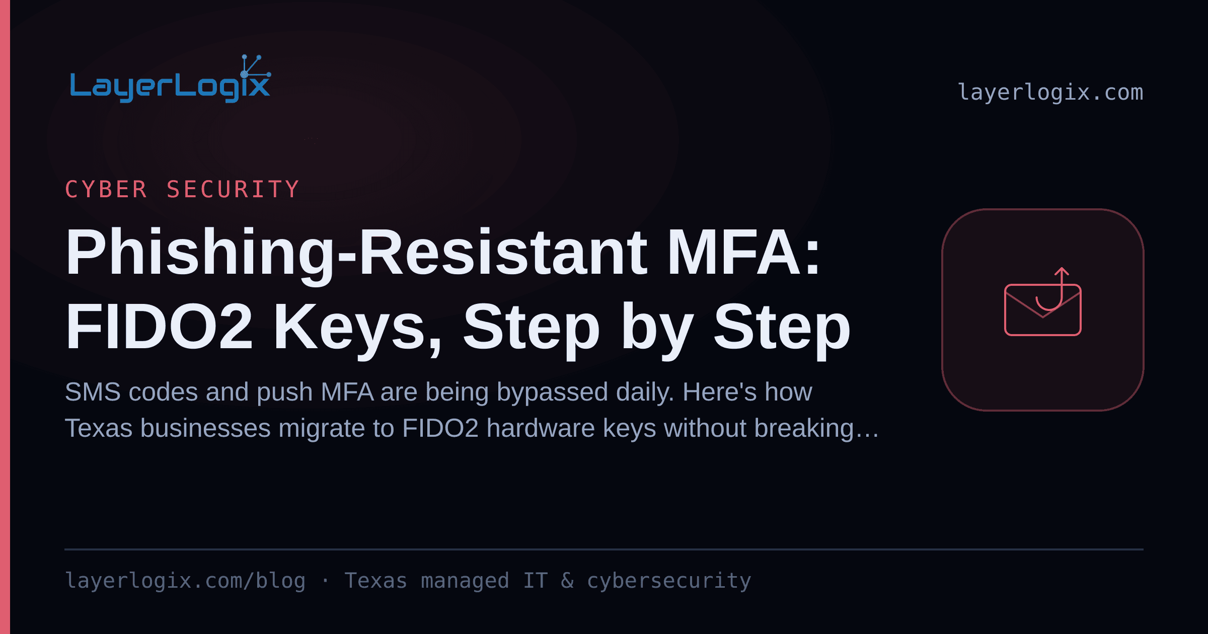 Phishing-Resistant MFA: FIDO2 Keys, Step by Step — Cyber Security article cover card from LayerLogix, with a phishing hook icon