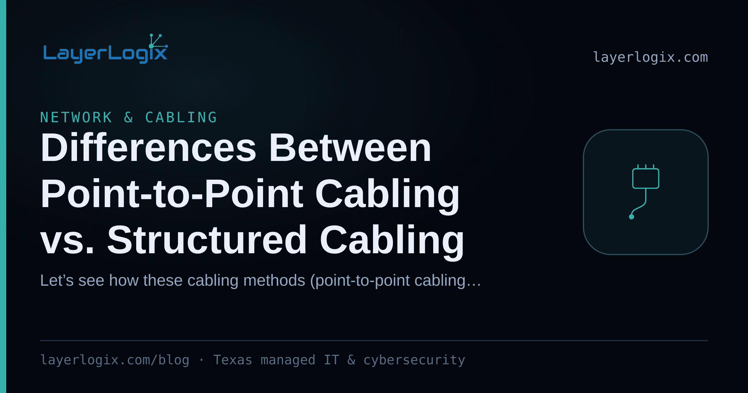 Differences Between Point-to-Point Cabling vs. Structured Cabling — Network & Cabling article cover card from LayerLogix, with a network cable connector icon