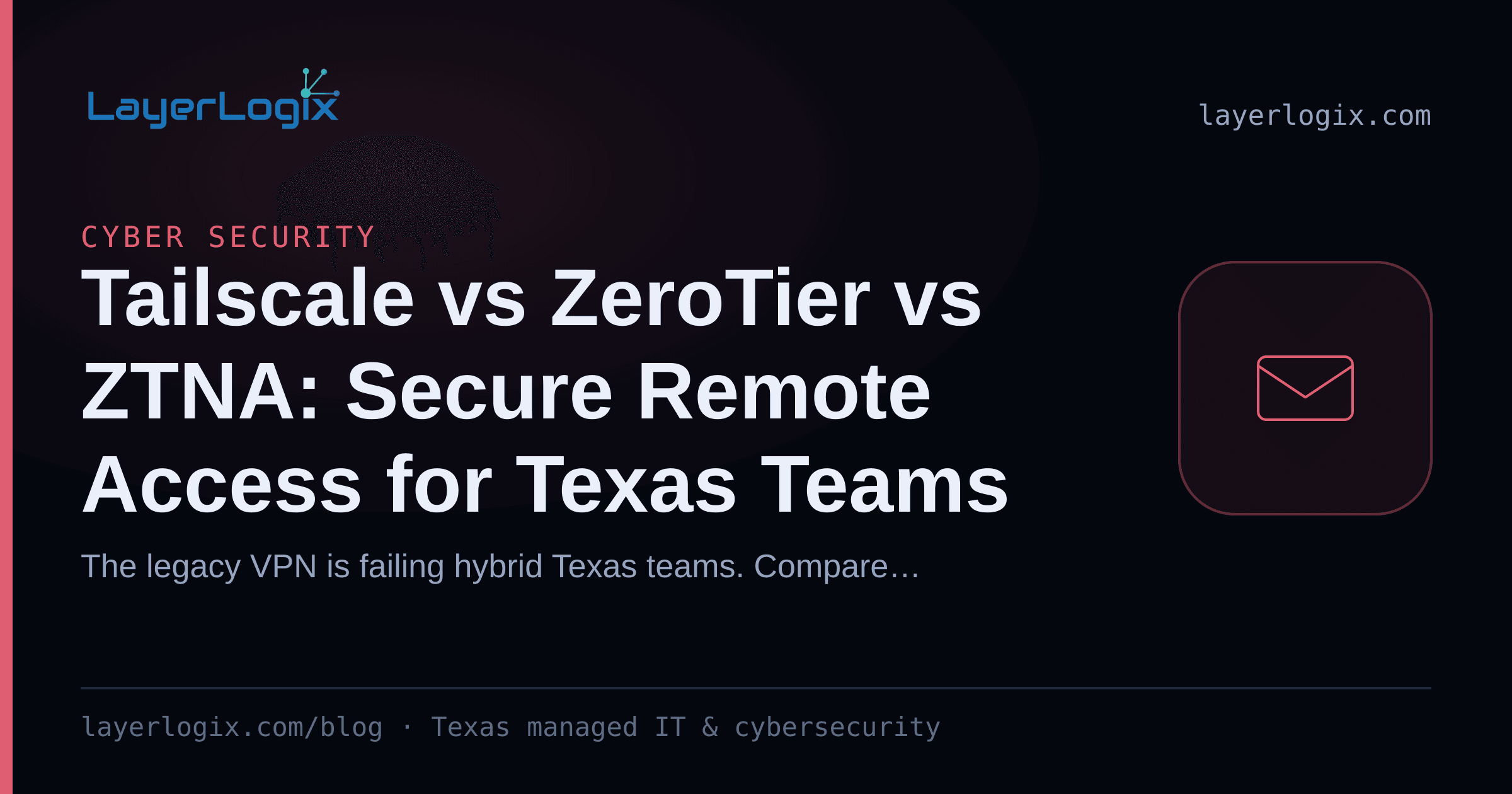 Tailscale vs ZeroTier vs ZTNA: Secure Remote Access for Texas Teams — Cyber Security article cover card from LayerLogix, with a email envelope icon