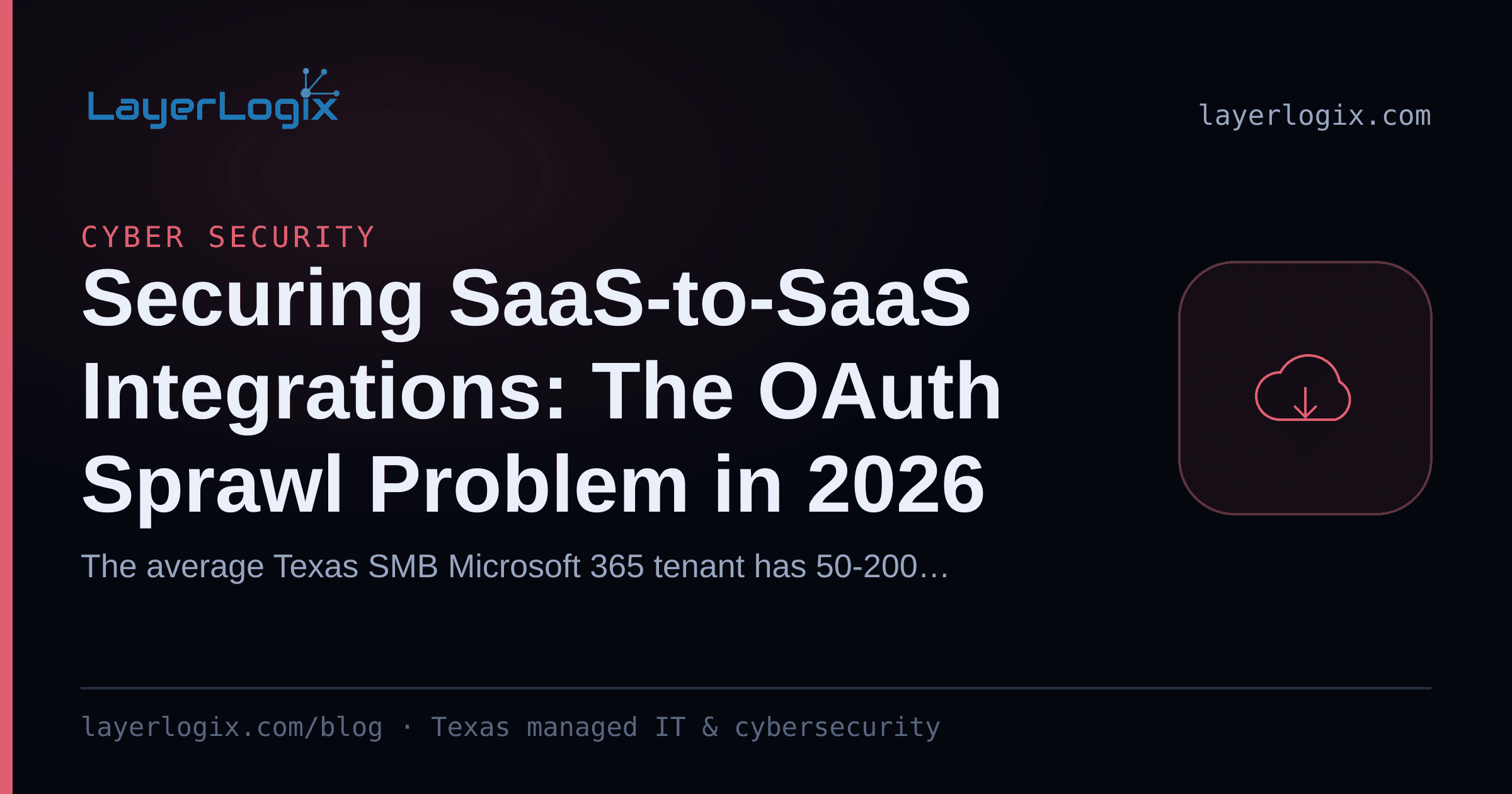 Securing SaaS-to-SaaS Integrations: The OAuth Sprawl Problem in 2026 — Cyber Security article cover card from LayerLogix, with a cloud icon