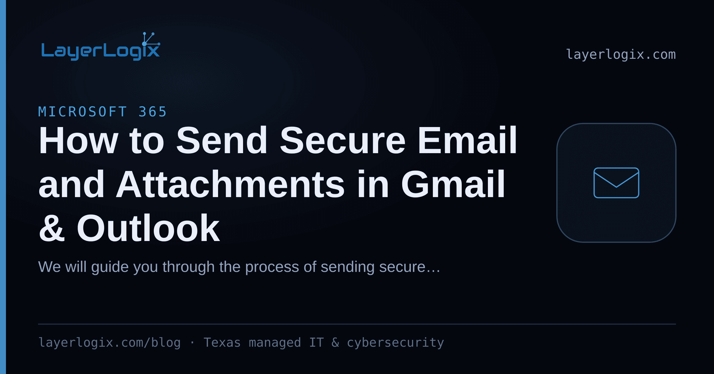 How to Send Secure Email and Attachments in Gmail & Outlook — Microsoft 365 article cover card from LayerLogix, with a email envelope icon