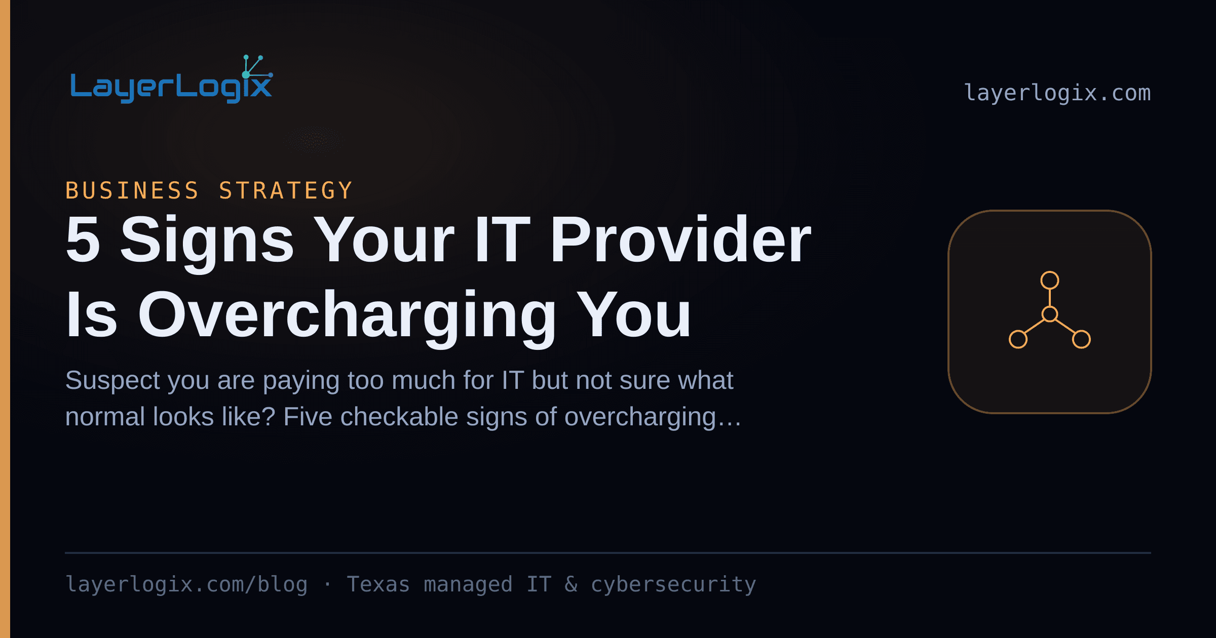 5 Signs Your IT Provider Is Overcharging You — Business Strategy article cover card from LayerLogix, with a network topology icon