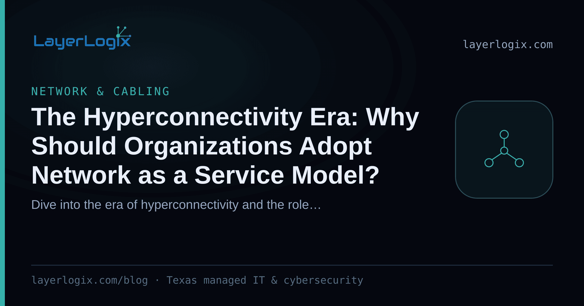 The Hyperconnectivity Era: Why Should Organizations Adopt Network as a Service Model? — Network & Cabling article cover card from LayerLogix, with a network topology icon