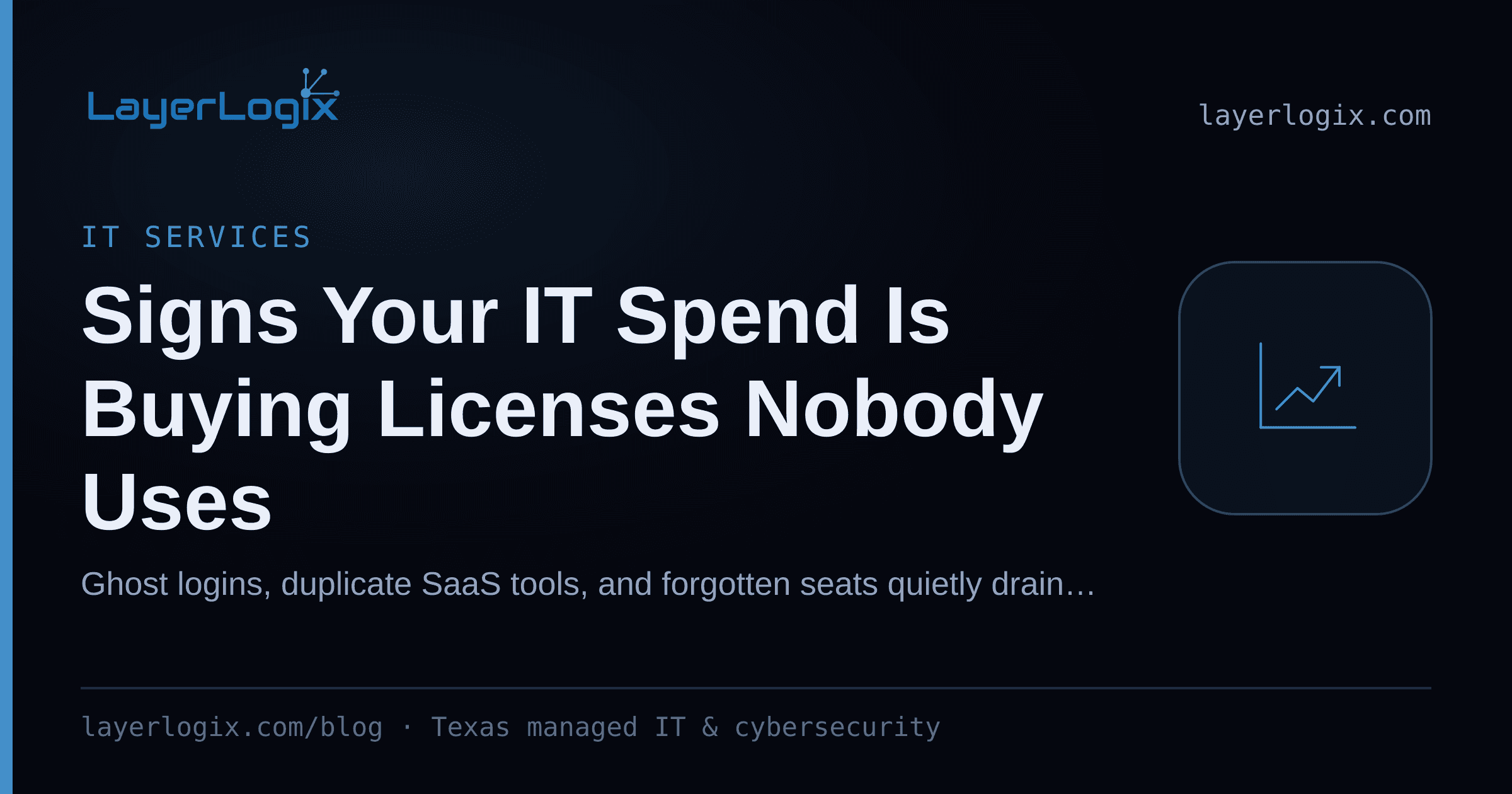 Signs Your IT Spend Is Buying Licenses Nobody Uses — IT Services article cover card from LayerLogix, with a cost trend icon