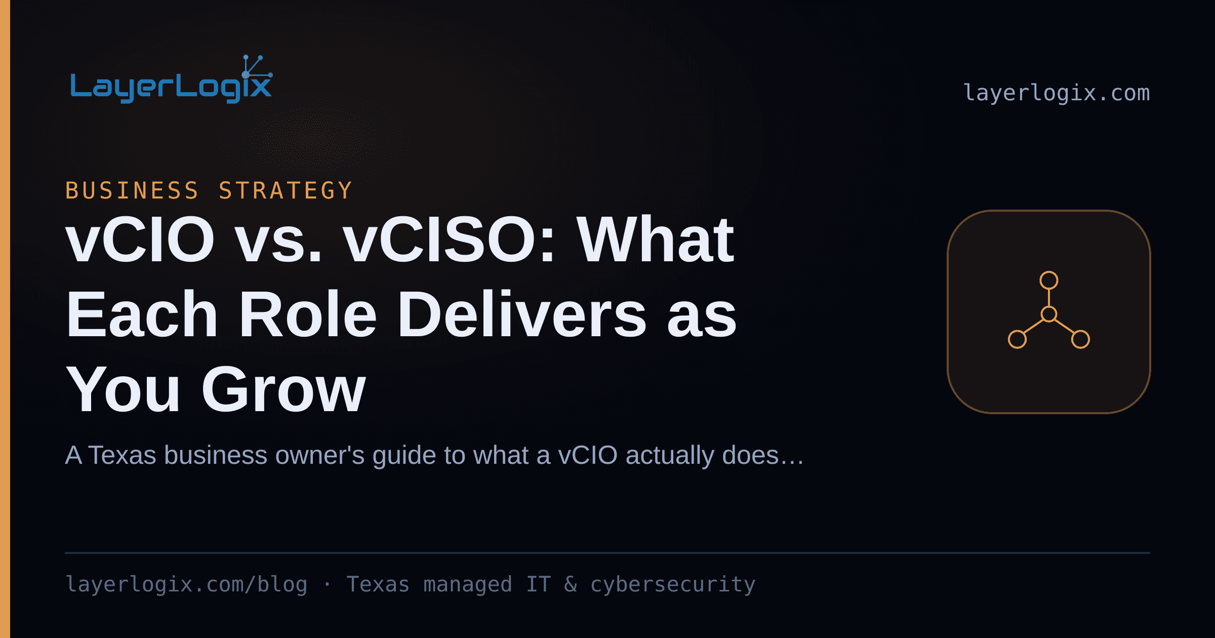 vCIO vs. vCISO: What Each Role Delivers as You Grow — Business Strategy article cover card from LayerLogix, with a network topology icon
