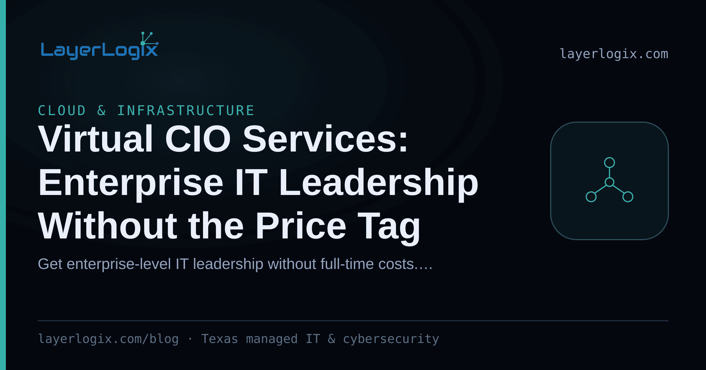 Virtual CIO Services: Enterprise IT Leadership Without the Price Tag — Cloud & Infrastructure article cover card from LayerLogix, with a network topology icon