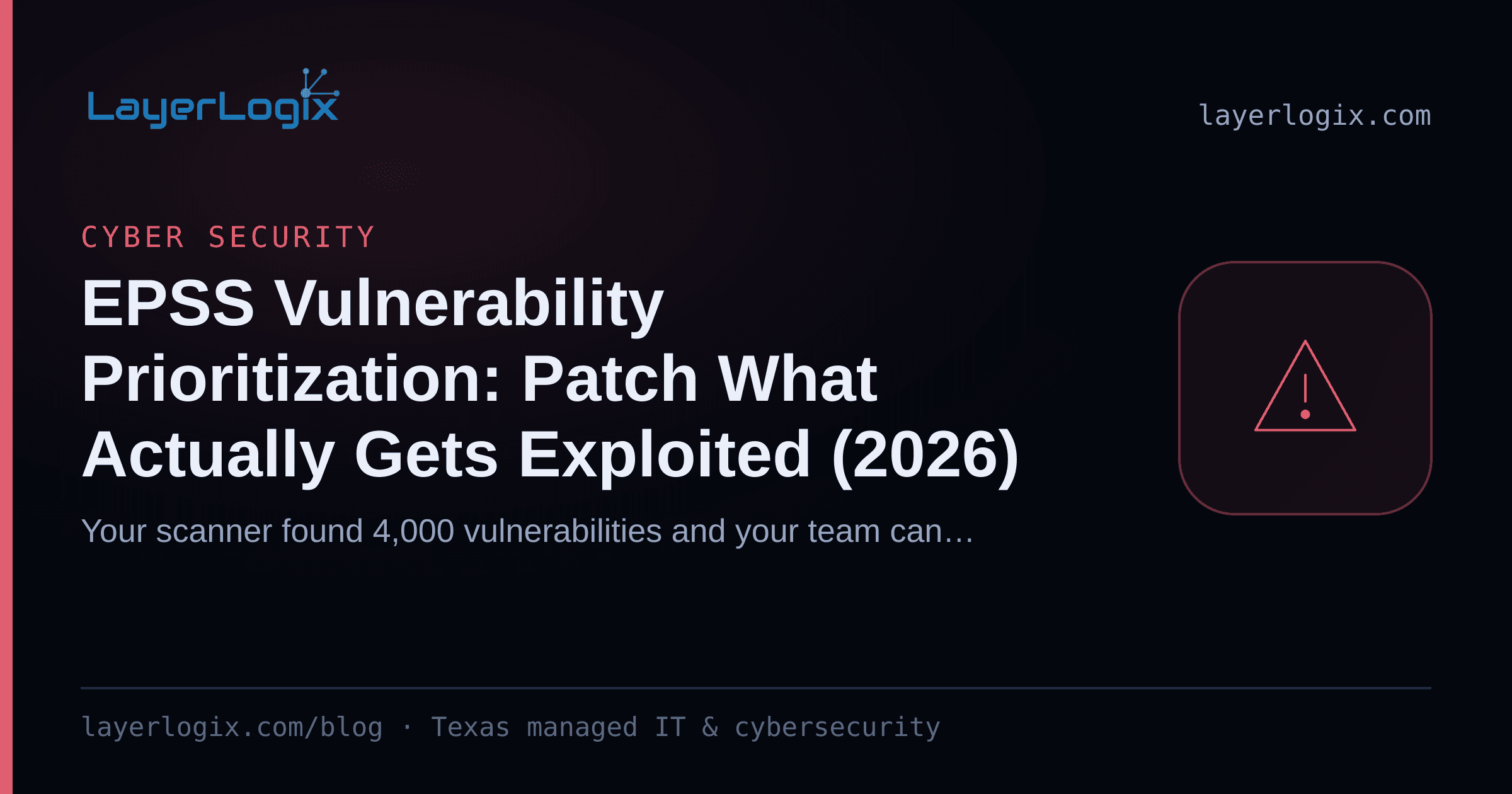 EPSS Vulnerability Prioritization: Patch What Actually Gets Exploited (2026) — Cyber Security article cover card from LayerLogix, with a warning alert icon