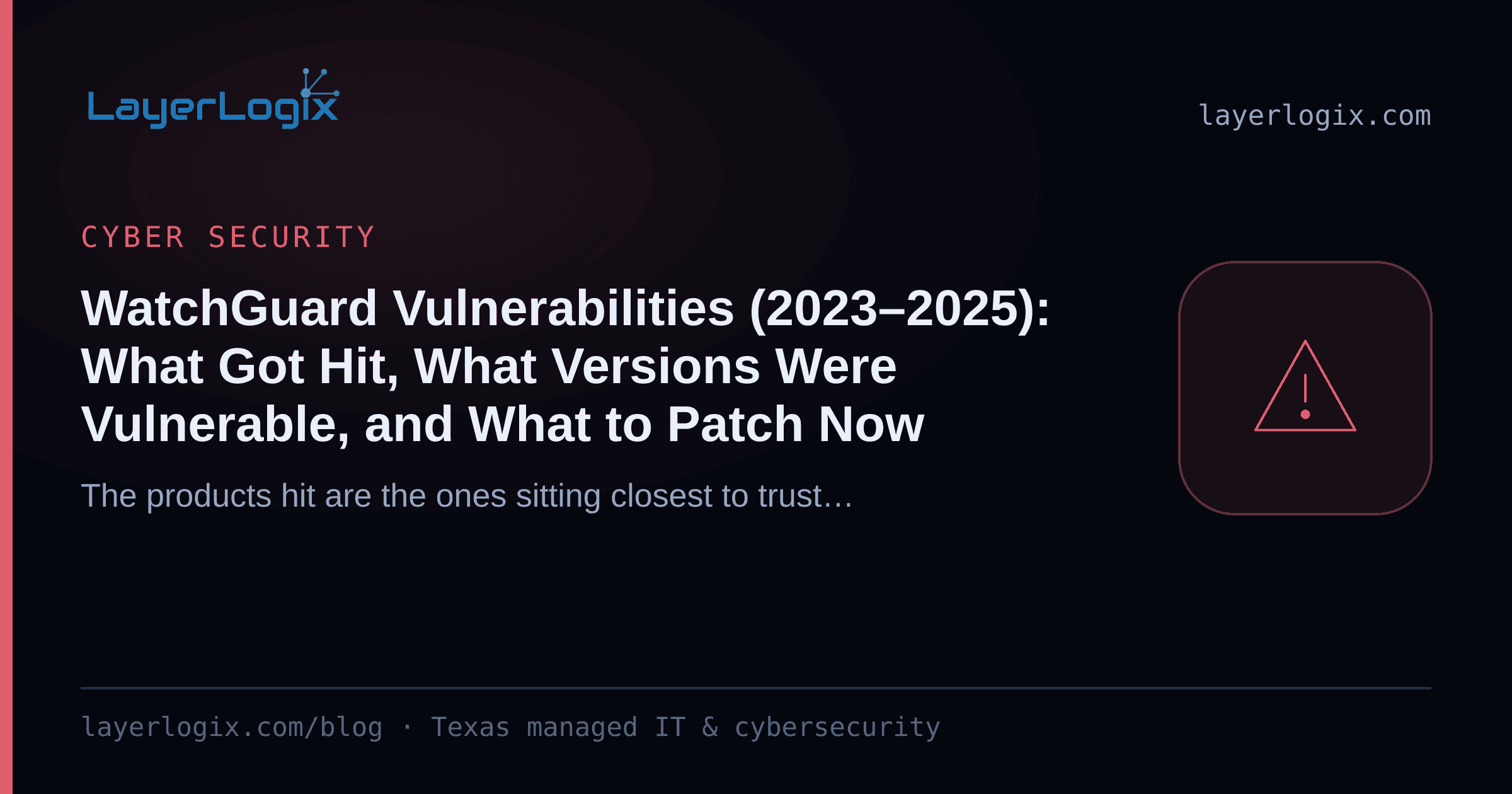 WatchGuard Vulnerabilities (2023–2025): What Got Hit, What Versions Were Vulnerable, and What to Patch Now — Cyber Security article cover card from LayerLogix, with a warning alert icon