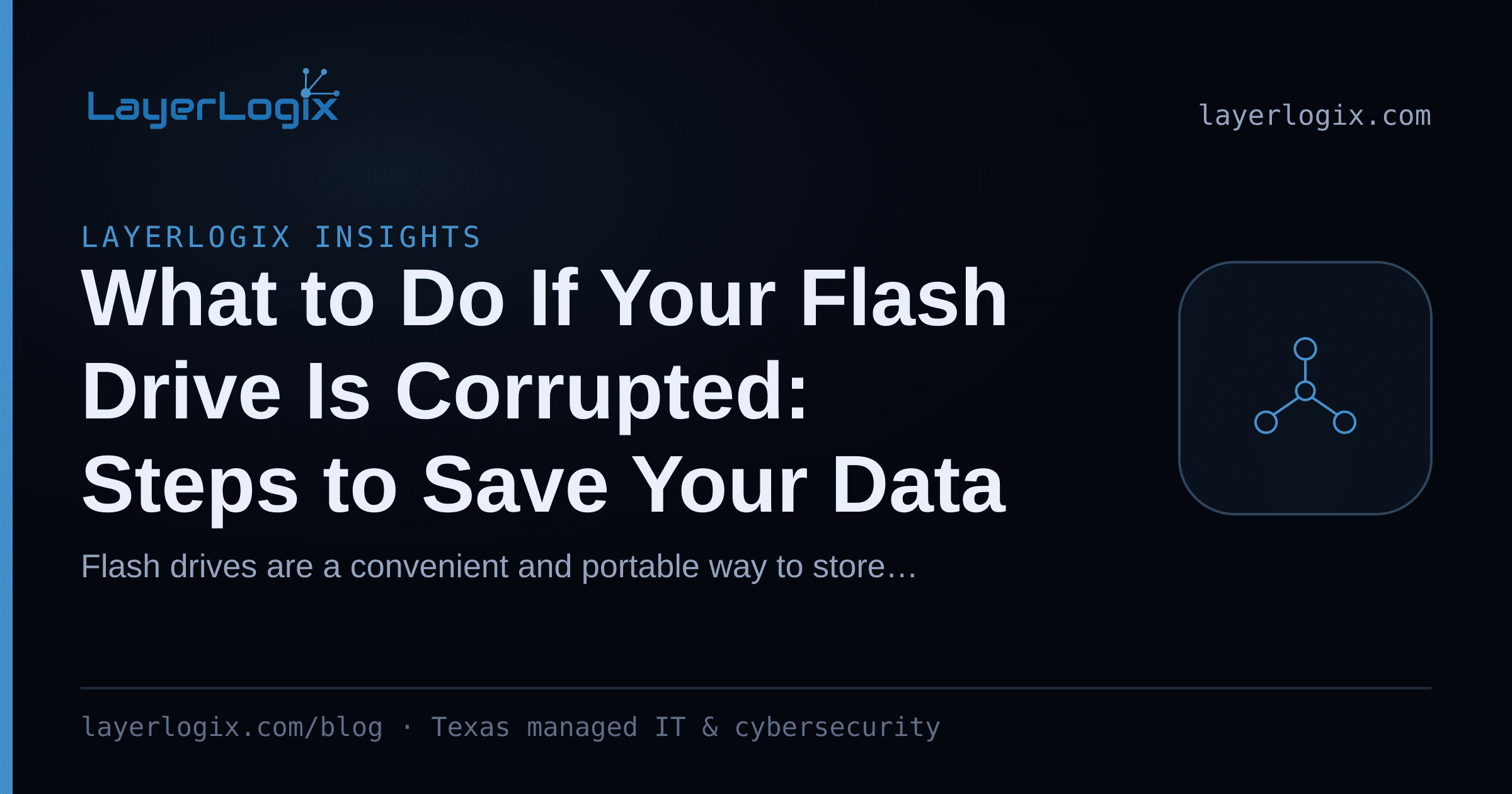 What to Do If Your Flash Drive Is Corrupted: Steps to Save Your Data — LayerLogix Insights article cover card from LayerLogix, with a network topology icon