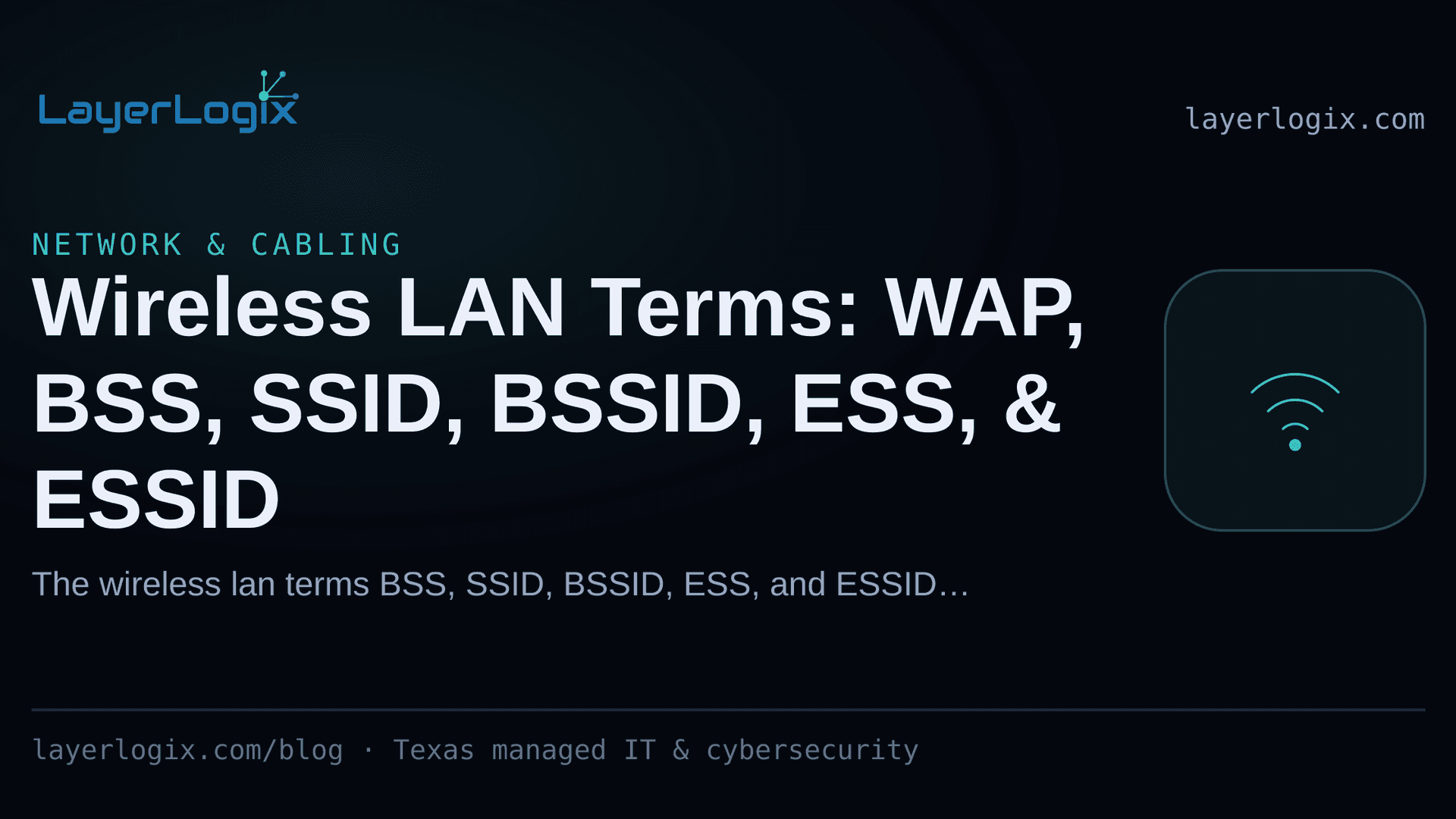 Wireless LAN Terms: WAP, BSS, SSID, BSSID, ESS, & ESSID — Network & Cabling article cover card from LayerLogix, with a wireless signal icon