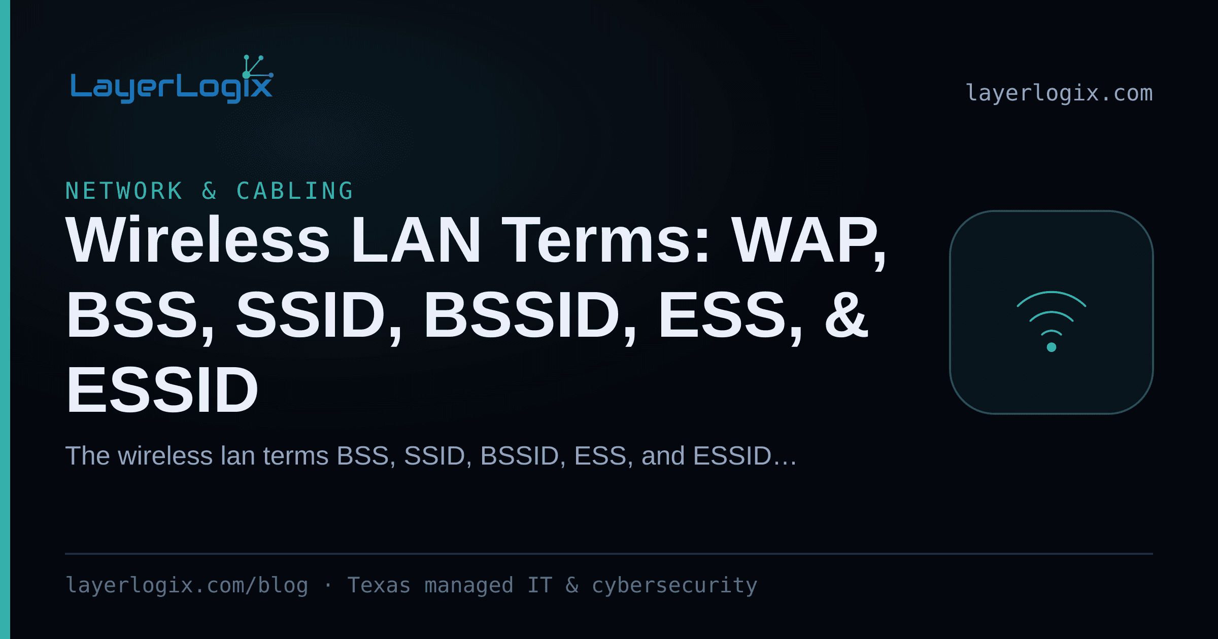 Wireless LAN Terms: WAP, BSS, SSID, BSSID, ESS, & ESSID — Network & Cabling article cover card from LayerLogix, with a wireless signal icon