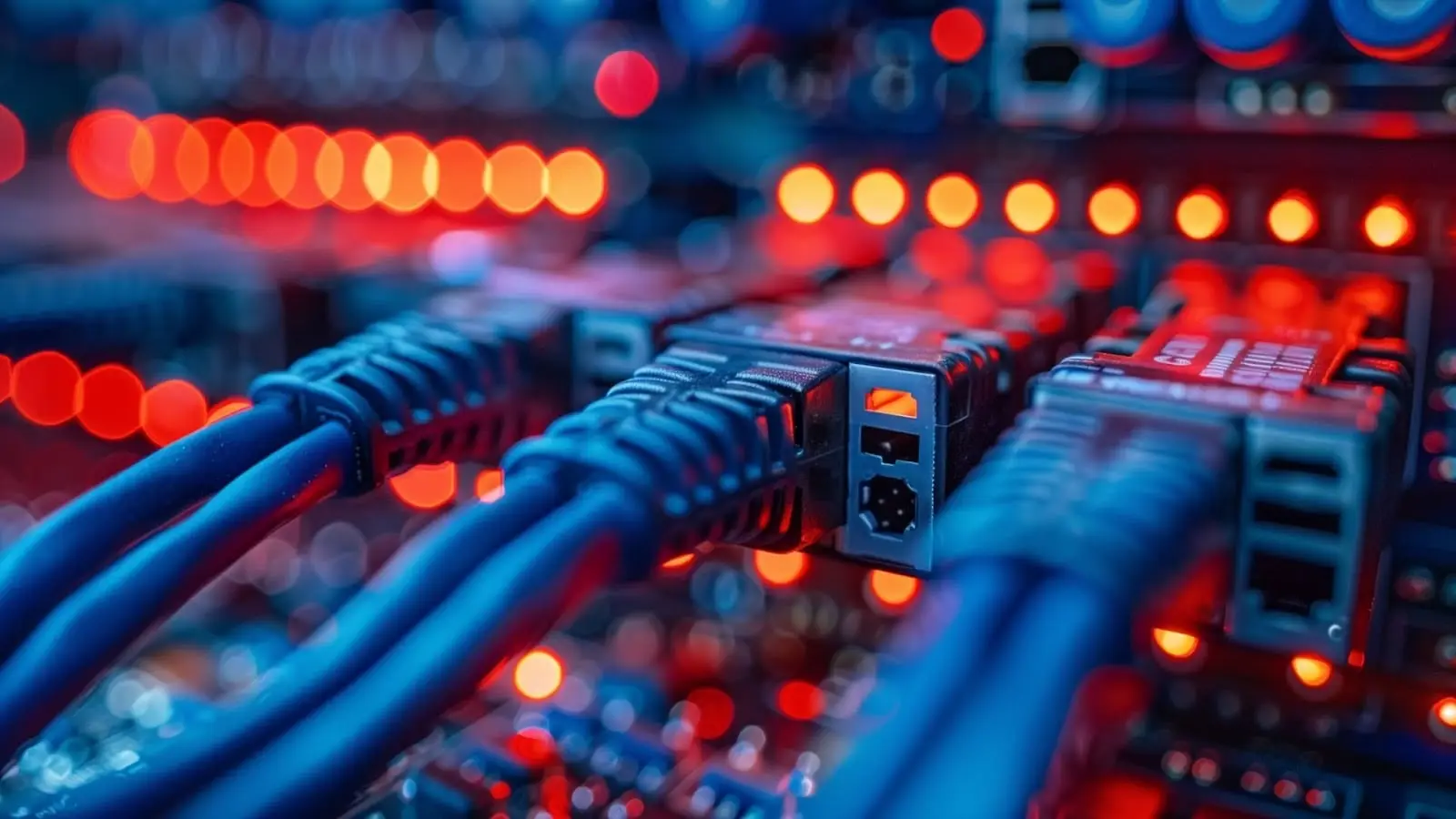 Blue ethernet cables connecting with servers at data center.